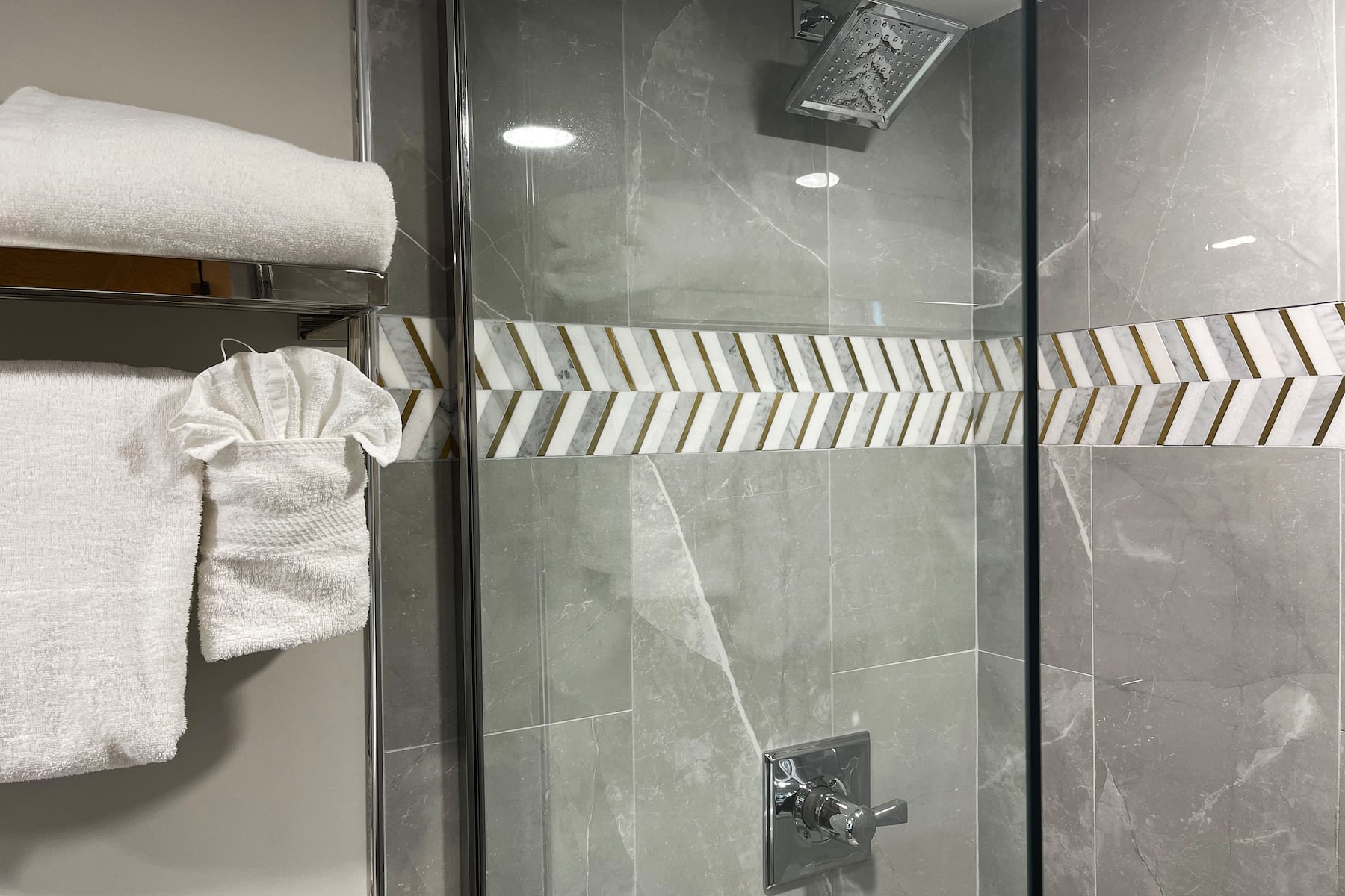 Guest room bath at the Chateau Hotel and Conference Center in Bloomington, Illinois