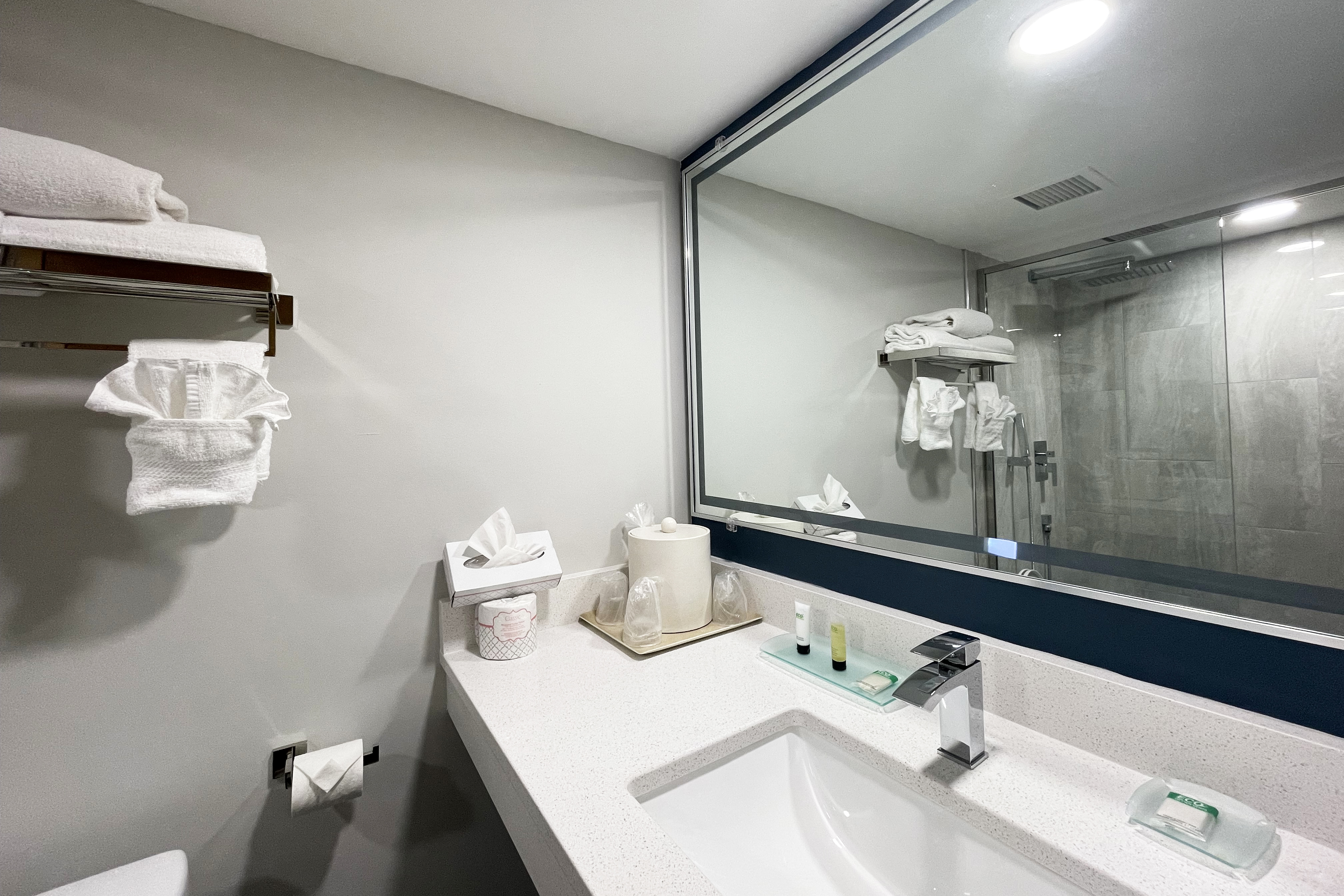 Guest room bath at the Chateau Hotel and Conference Center in Bloomington, Illinois