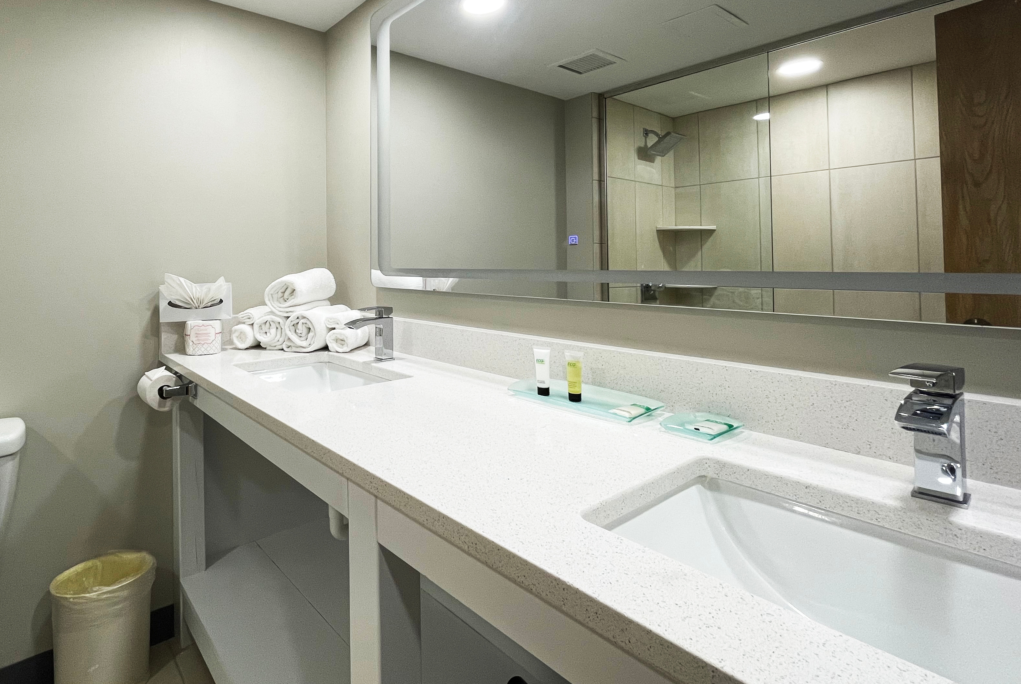 Guest room bath at the Chateau Hotel and Conference Center in Bloomington, Illinois