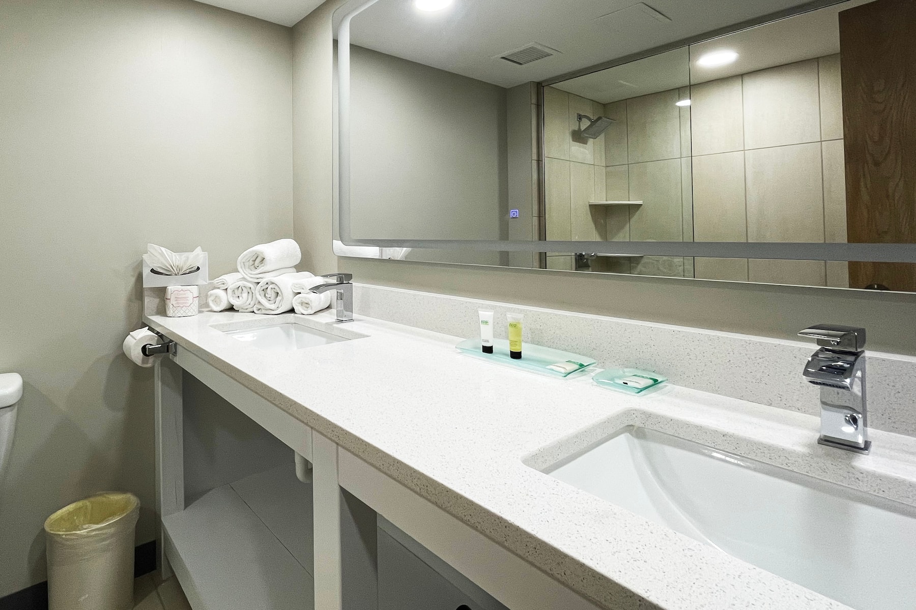 Guest room bath at the Chateau Hotel and Conference Center in Bloomington, Illinois
