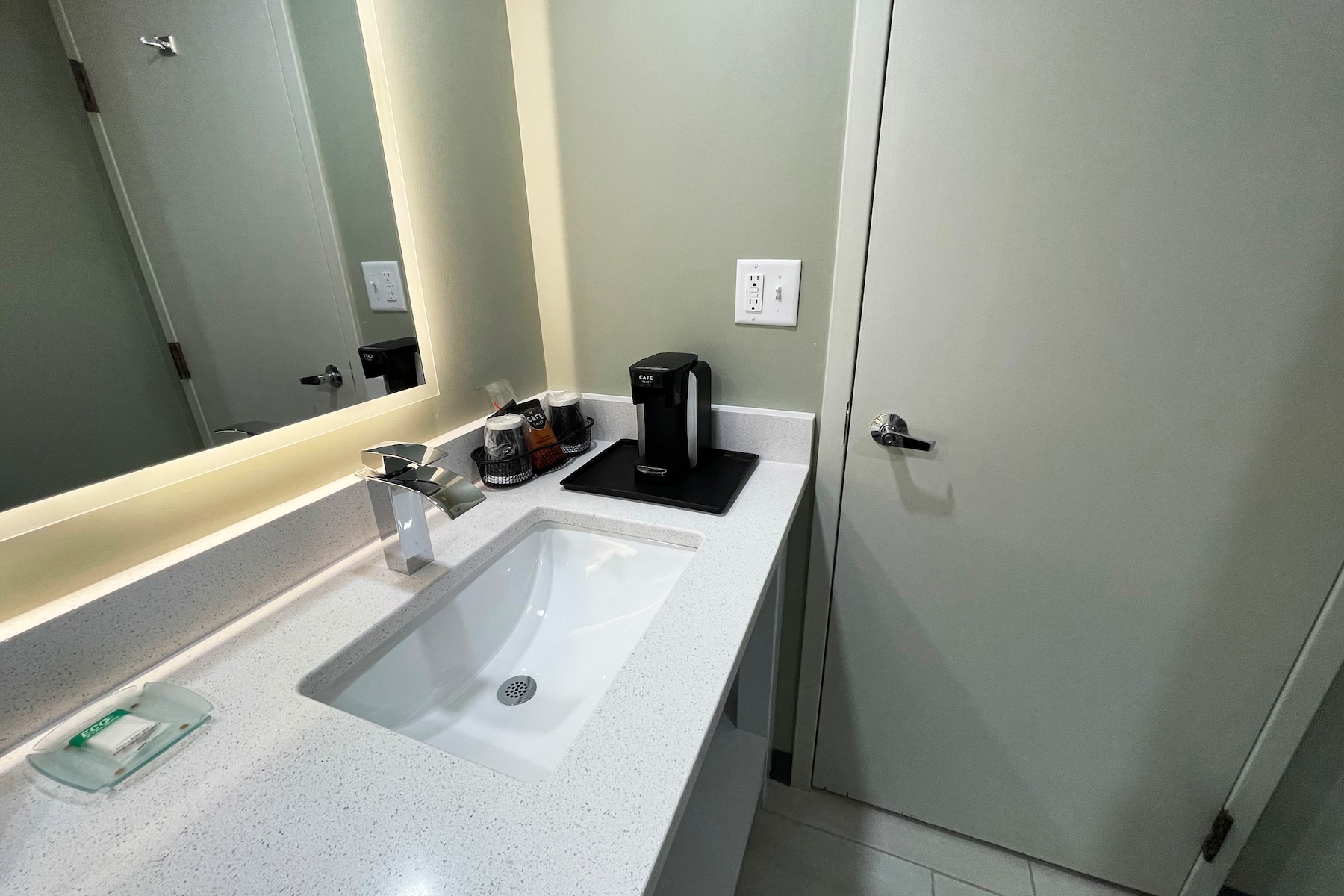 Guest room bath at the Chateau Hotel and Conference Center in Bloomington, Illinois