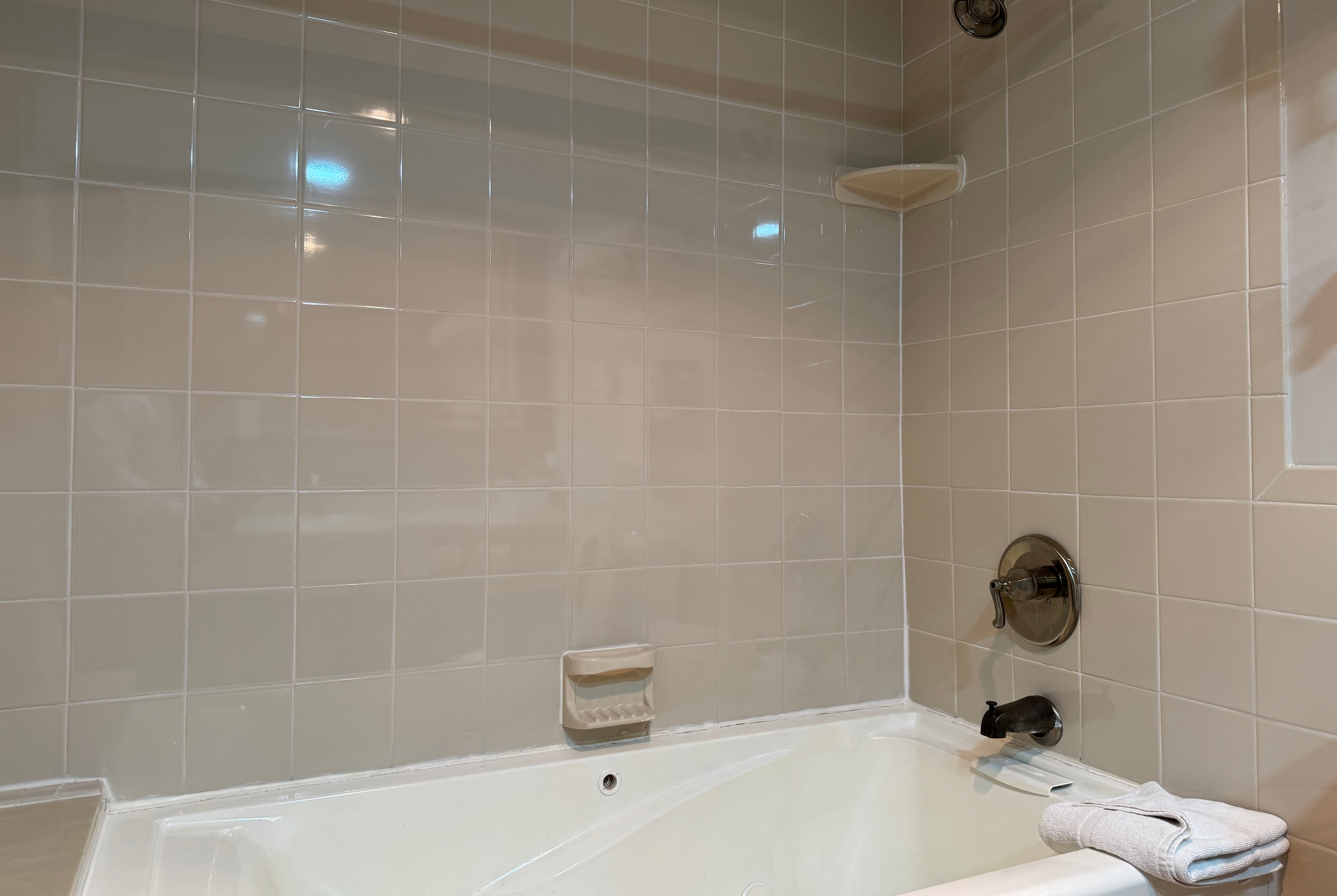 Guest room bath at the Chateau Hotel and Conference Center in Bloomington, Illinois