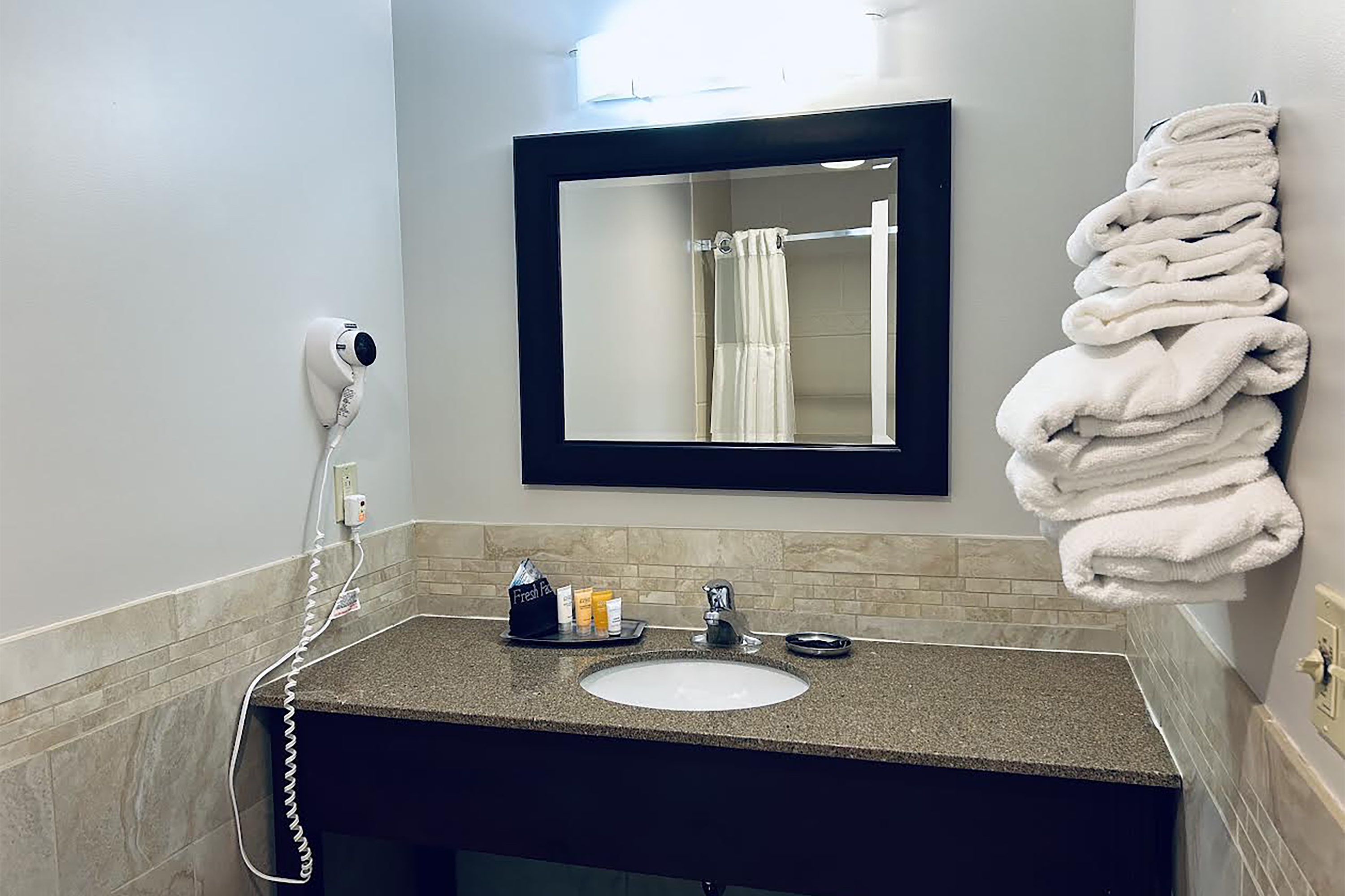 Guest room bath at the Golden Gables Inn, Dazzler Select by Wyndham in North Conway, New Hampshire