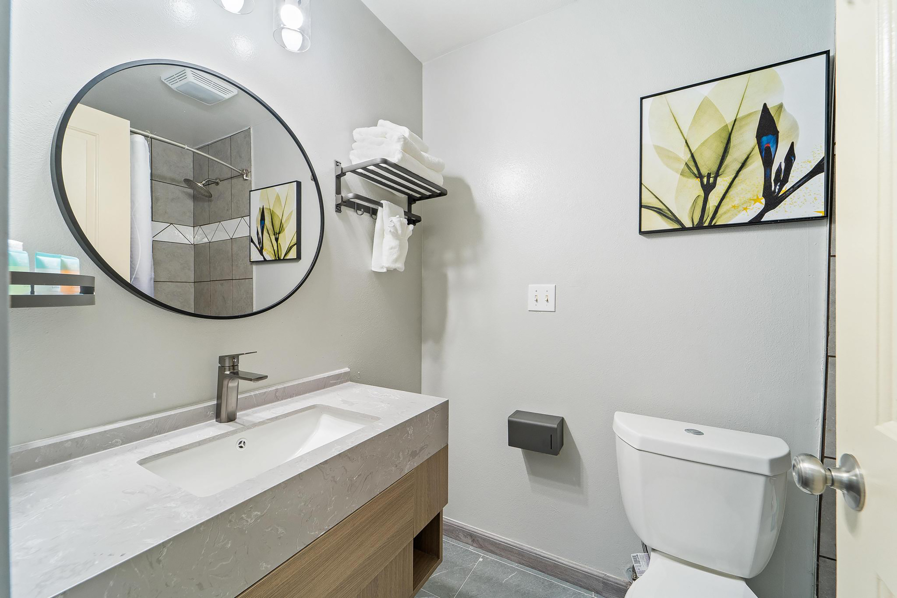 Guest room bath at the Interurban Suites Hotel, a Dazzler Select by Wyndham in Tukwila, Washington