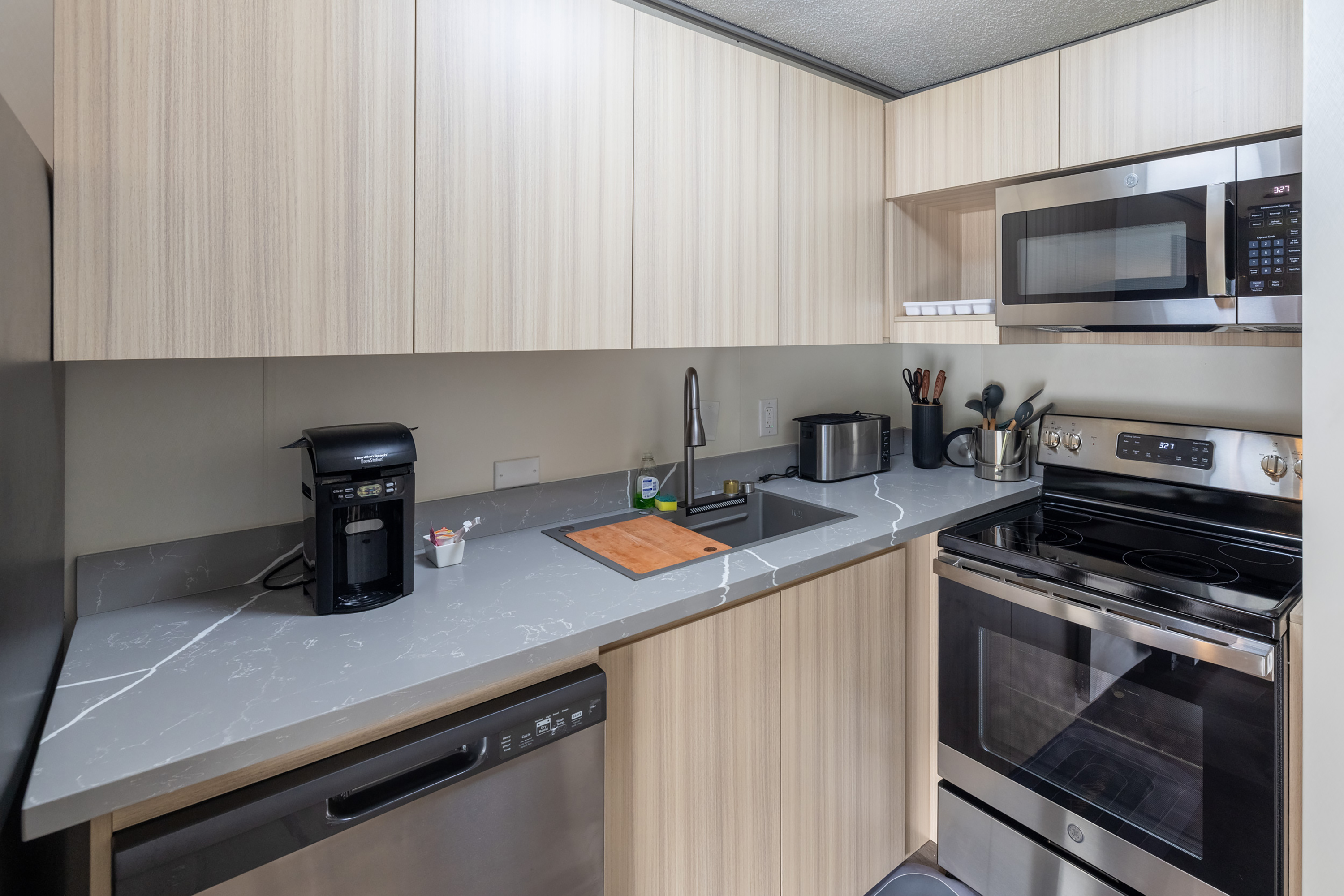 Guest room at the Interurban Suites Hotel, a Dazzler Select by Wyndham in Tukwila, Washington