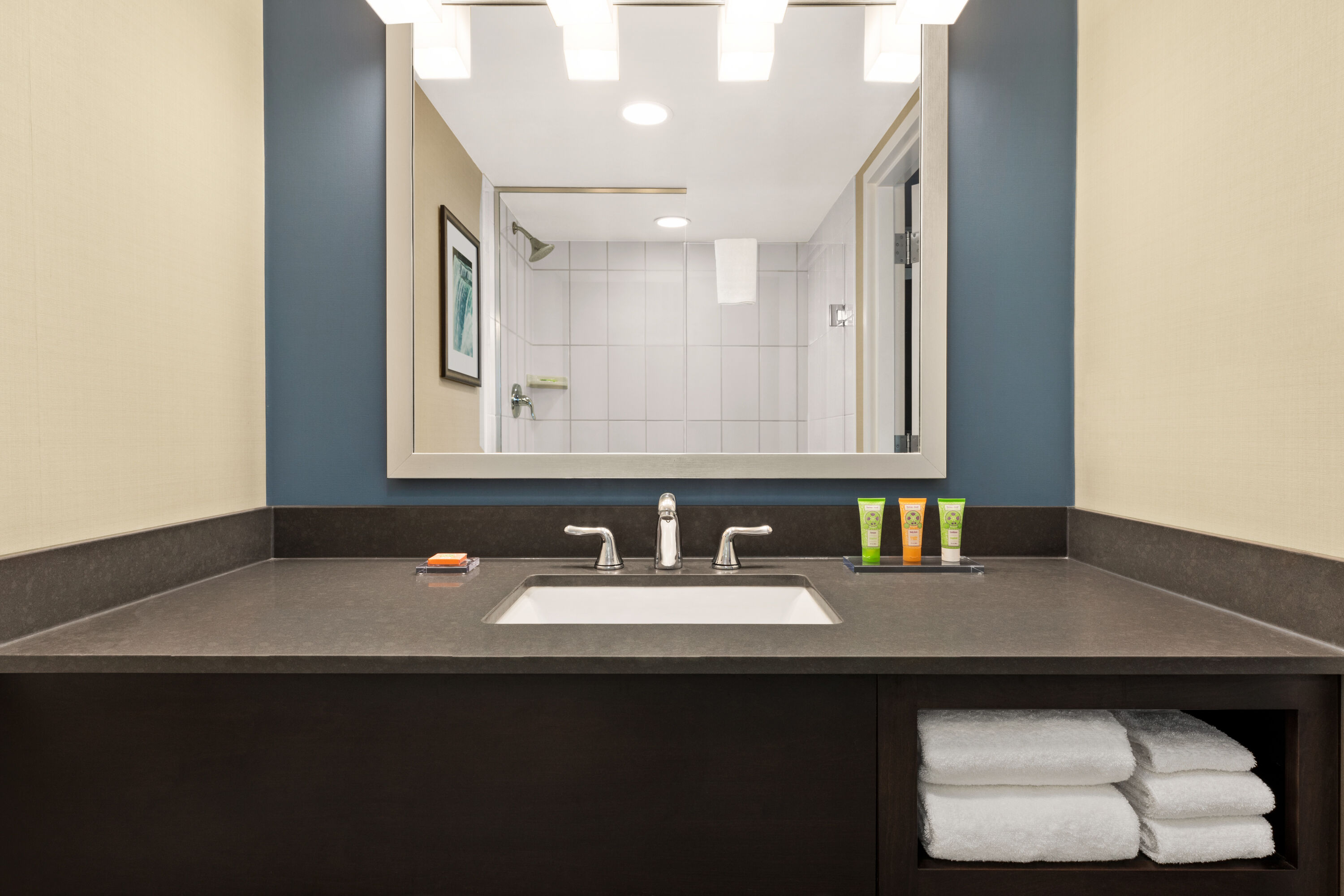 Guest room bath at the Wyndham Garden Niagara Falls Fallsview in Niagara Falls, Ontario