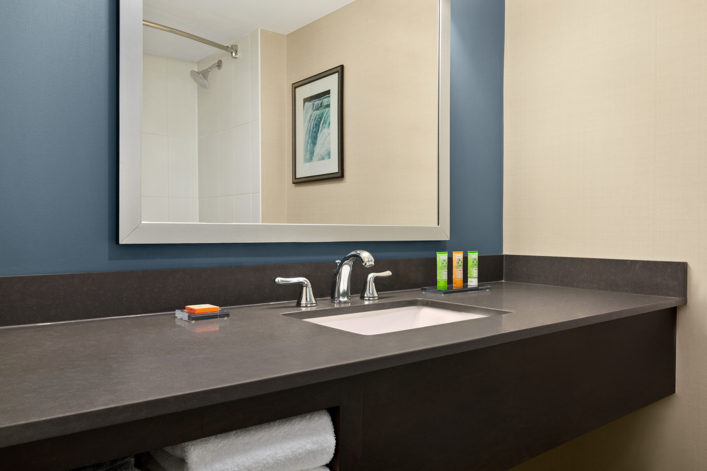 Guest room bath at the Wyndham Garden Niagara Falls Fallsview in Niagara Falls, Ontario