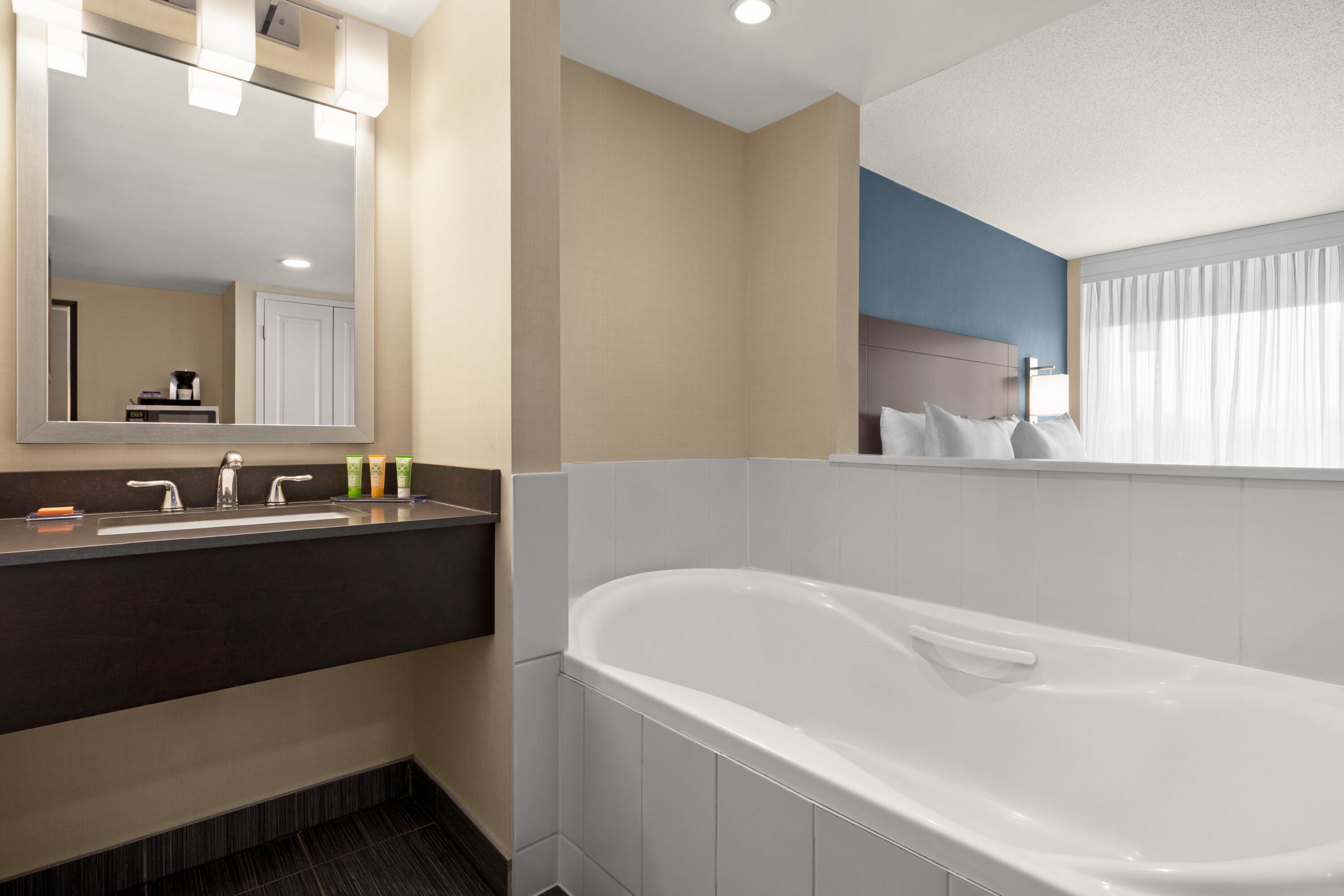Guest room bath at the Wyndham Garden Niagara Falls Fallsview in Niagara Falls, Ontario