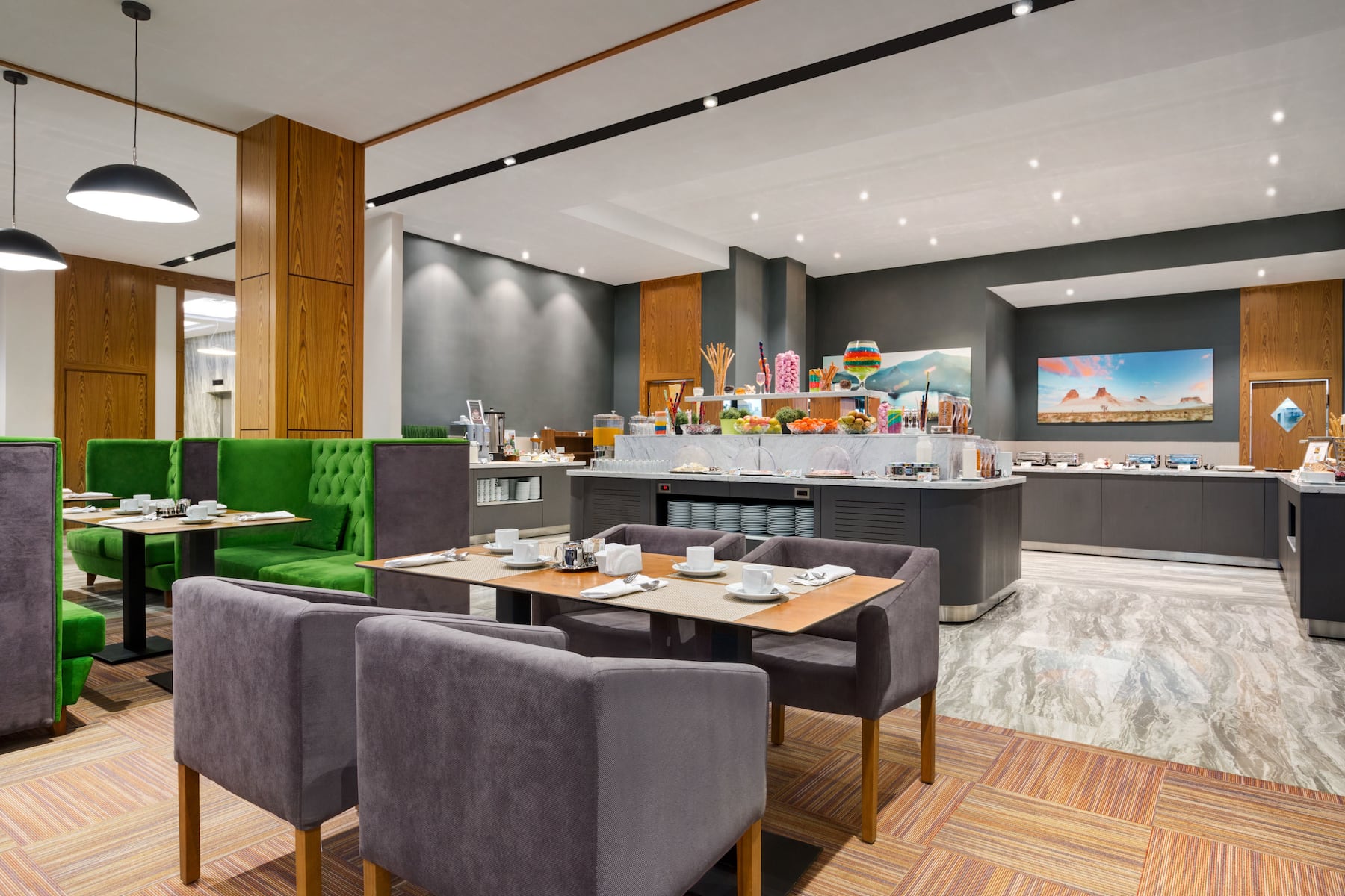 Wyndham Garden Astana restaurant breakfast area with seating in Astana, Other than US/Canada