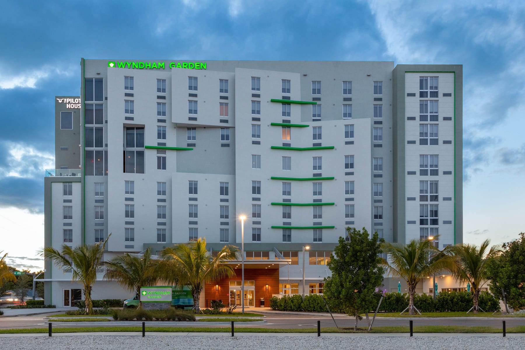 Exterior Dusk Image of Wyndham Garden Miami International Airport hotel in Miami Springs, Florida