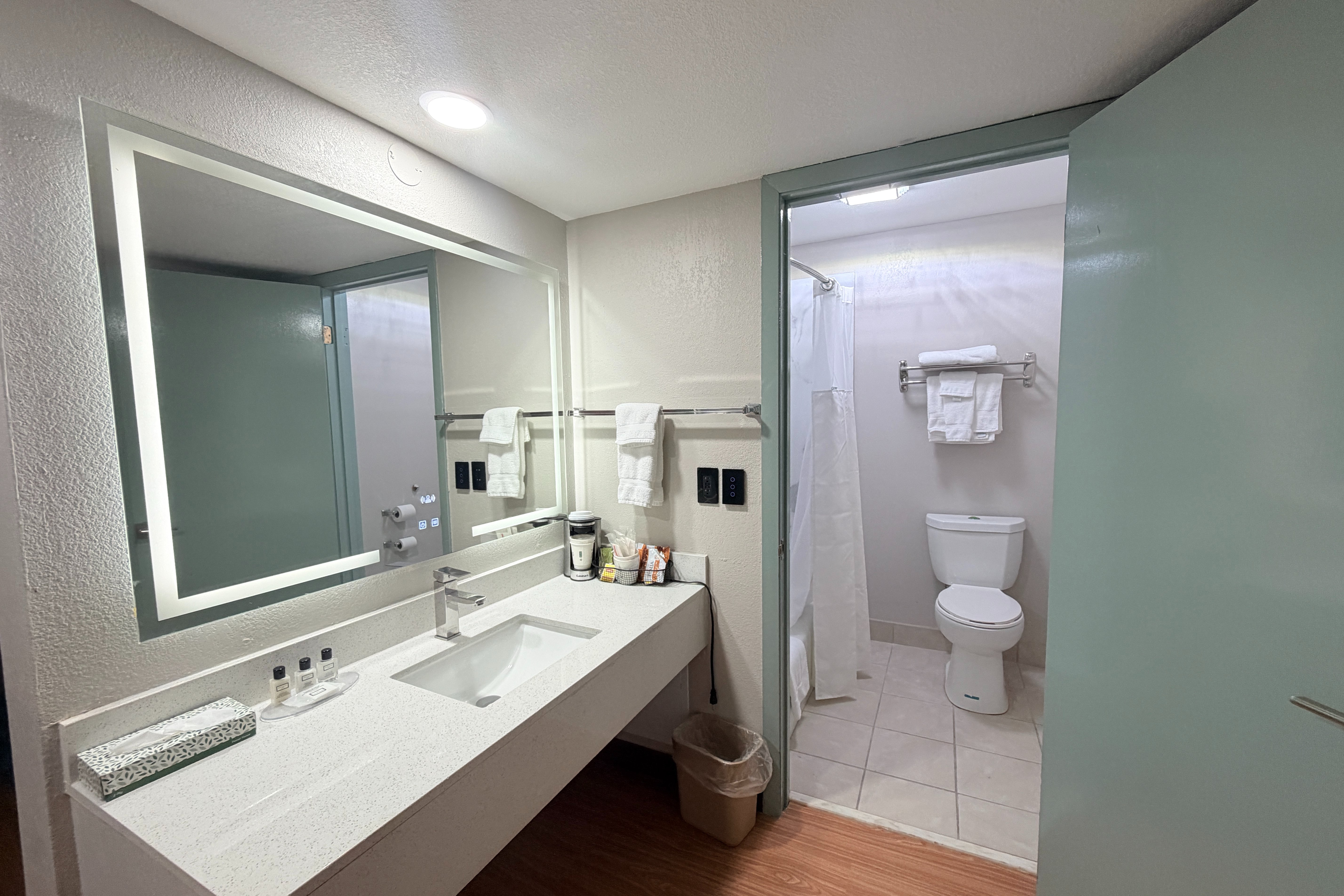Guest room bath at the Wyndham Garden Salina Conference Center in Salina, Kansas