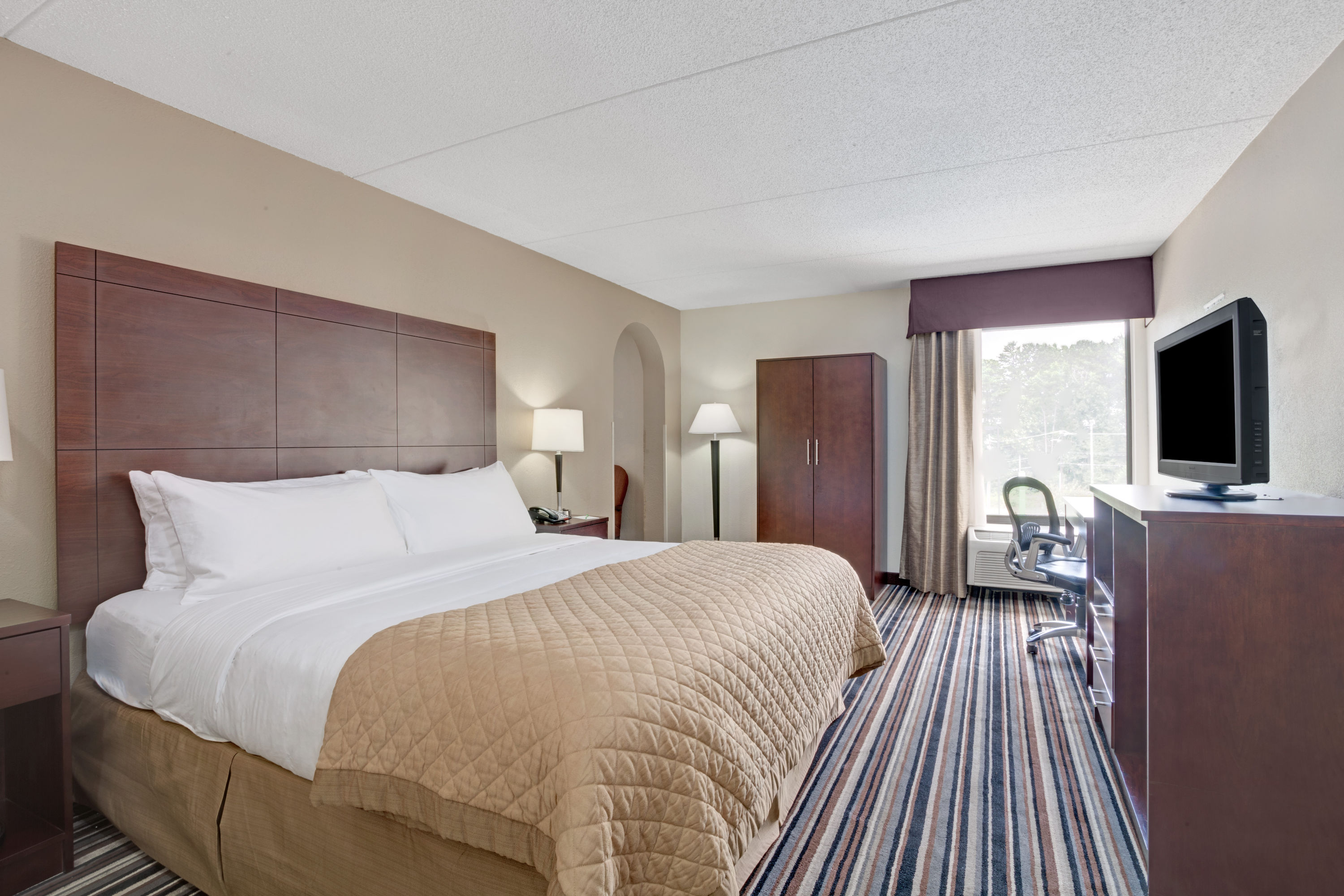 Suite bedroom at Wyndham Garden Charlotte Airport Southeast featuring a bed, television, desk, and window