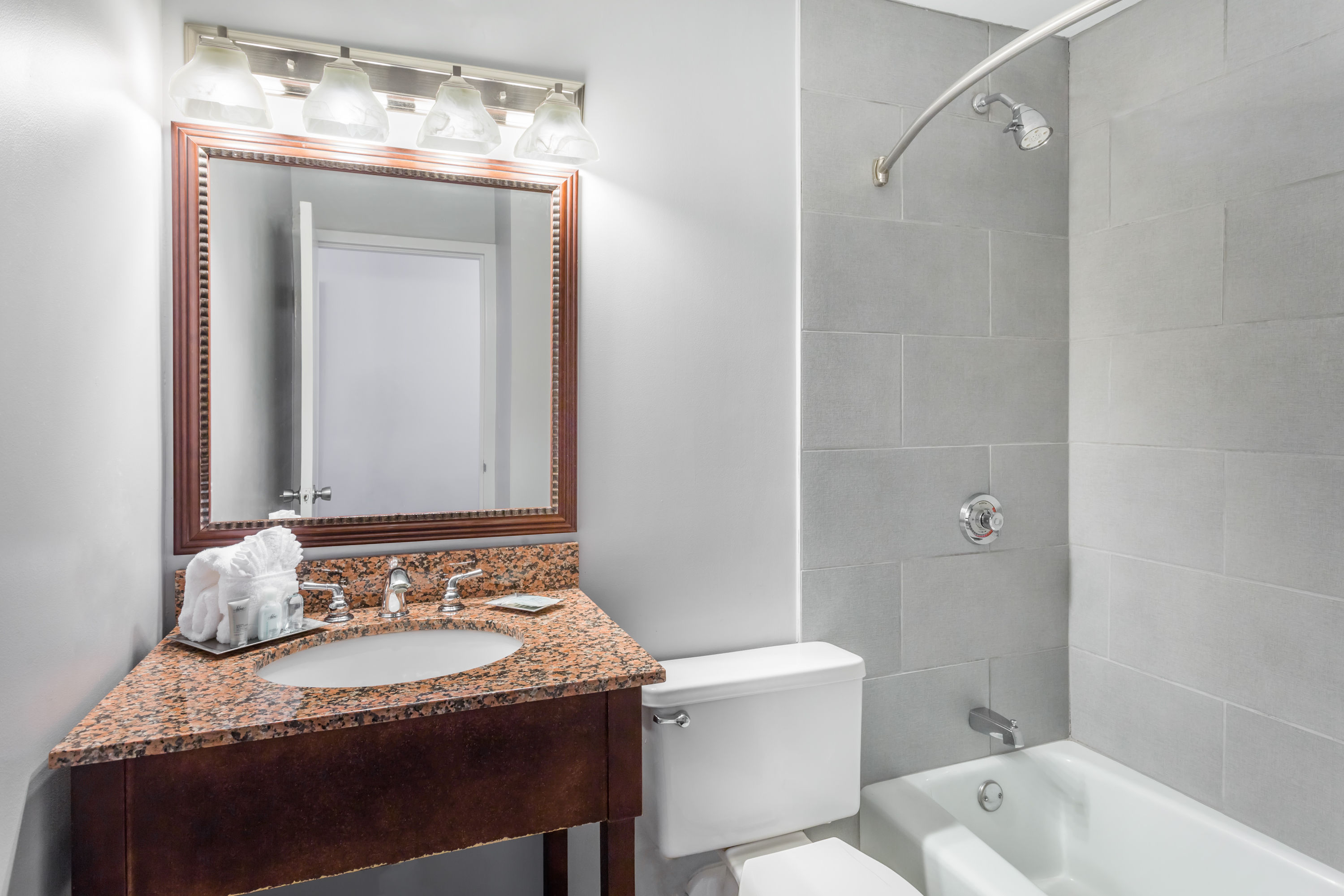 Guest room bath at the Wyndham Garden Greensboro in Greensboro, North Carolina