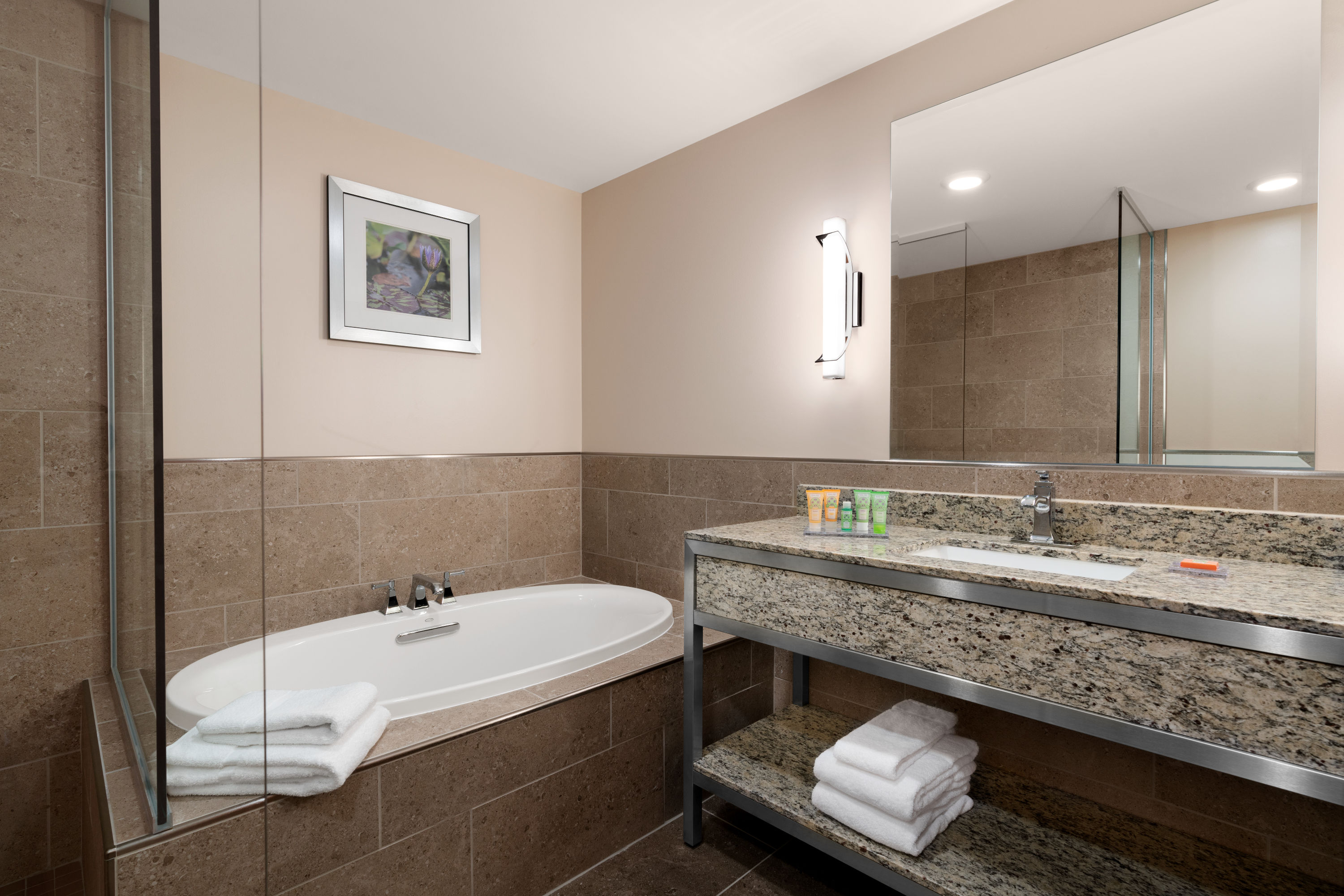 Guest room bath at the Wyndham Garden State College in Boalsburg, Pennsylvania