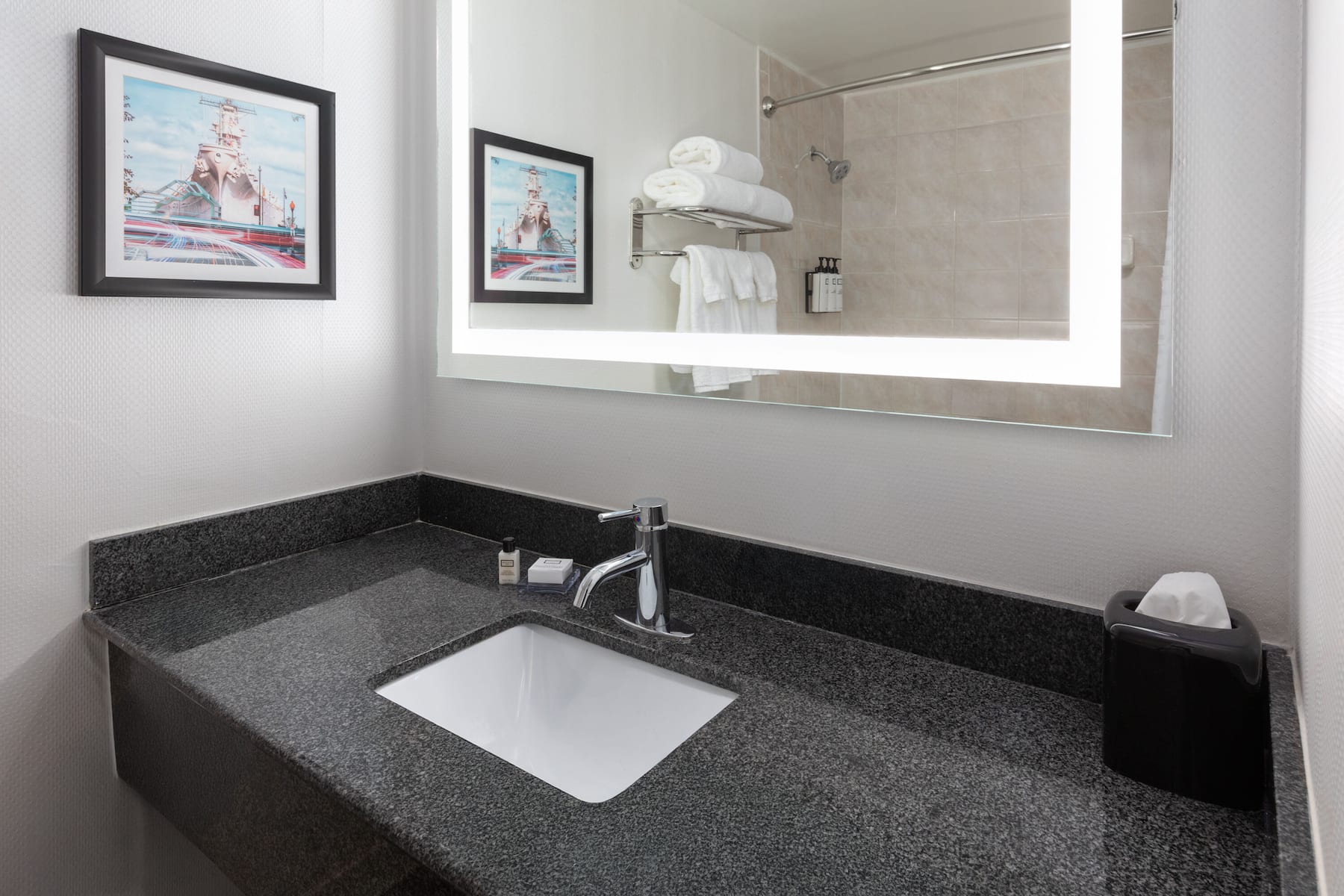 Guest room bath at the Wyndham Garden Norfolk Downtown in Norfolk, Virginia