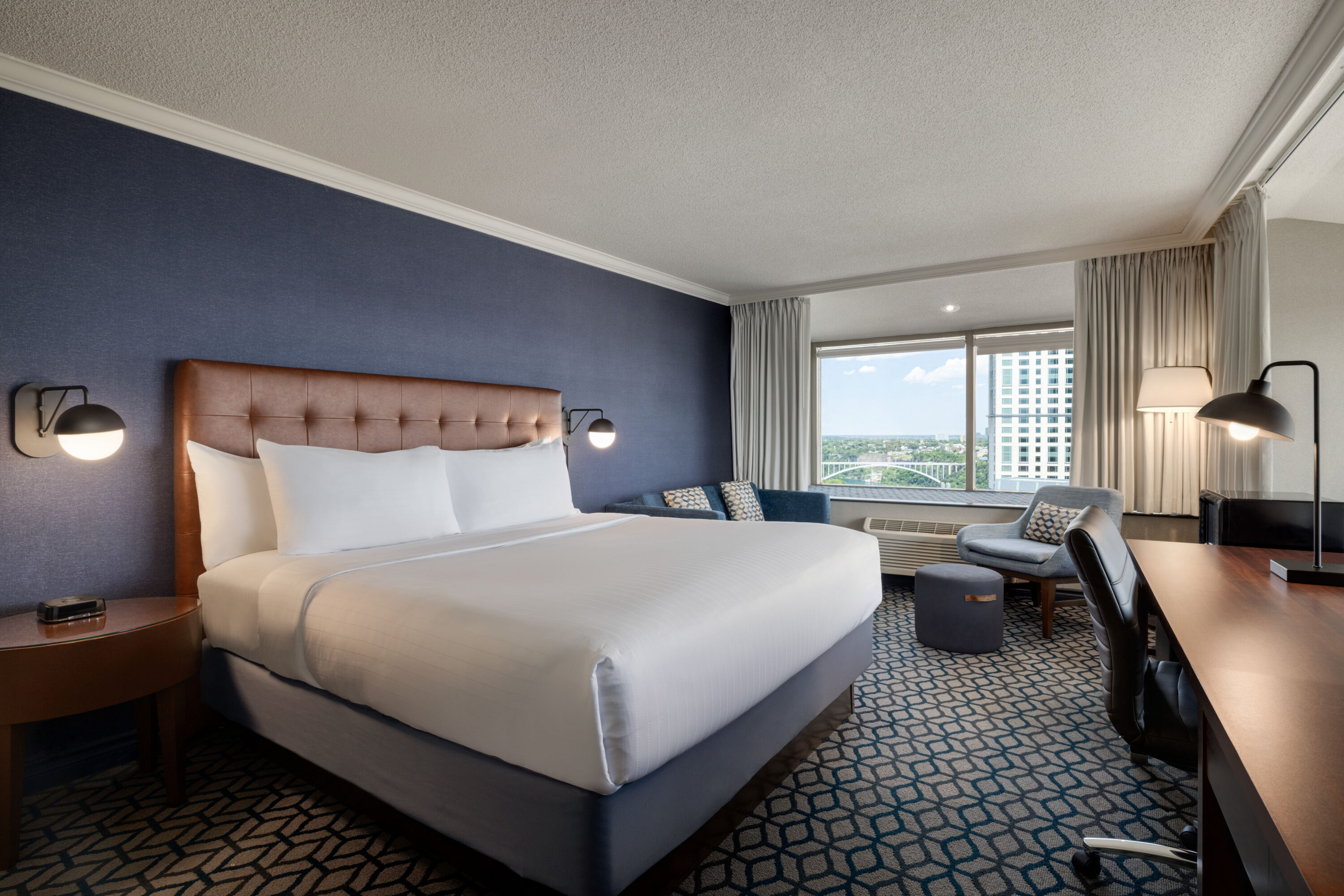 Guest room at the Wyndham Grand Fallsview Hotel in Niagara Falls, Ontario