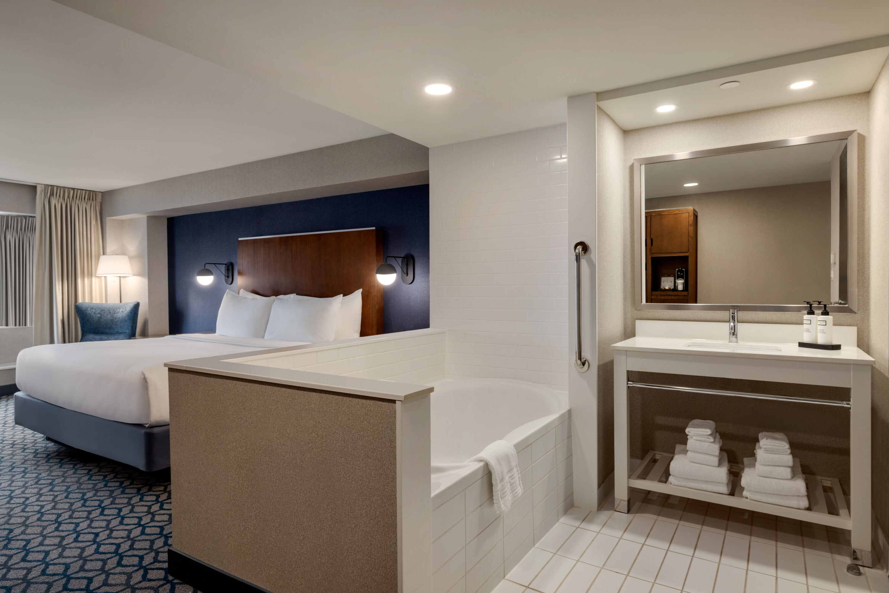 Guest room at the Wyndham Grand Fallsview Hotel in Niagara Falls, Ontario