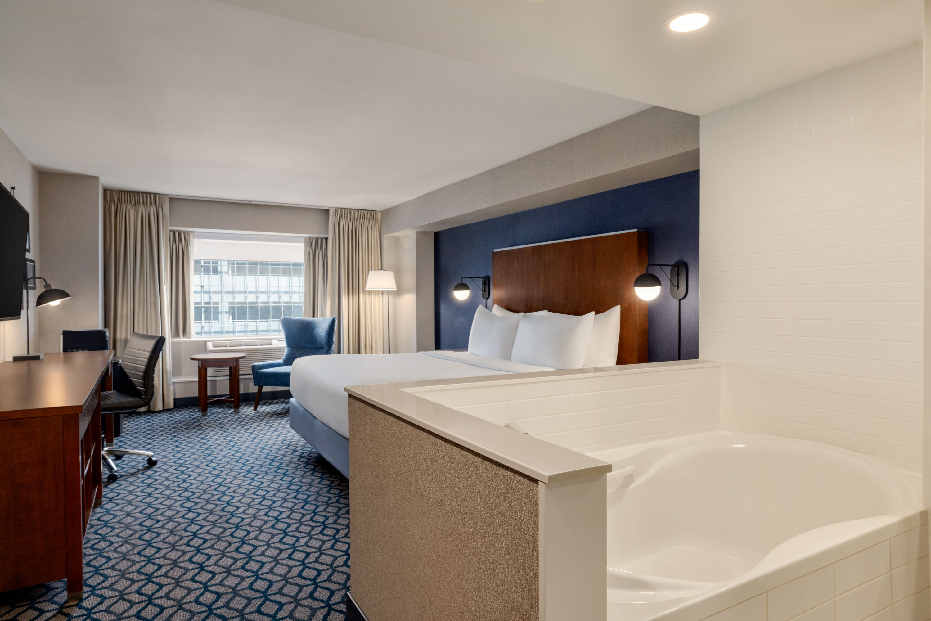 Guest room at the Wyndham Grand Fallsview Hotel in Niagara Falls, Ontario