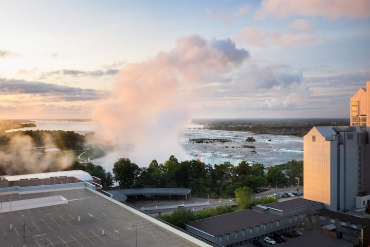 Guest room at the Wyndham Grand Fallsview Hotel in Niagara Falls, Ontario