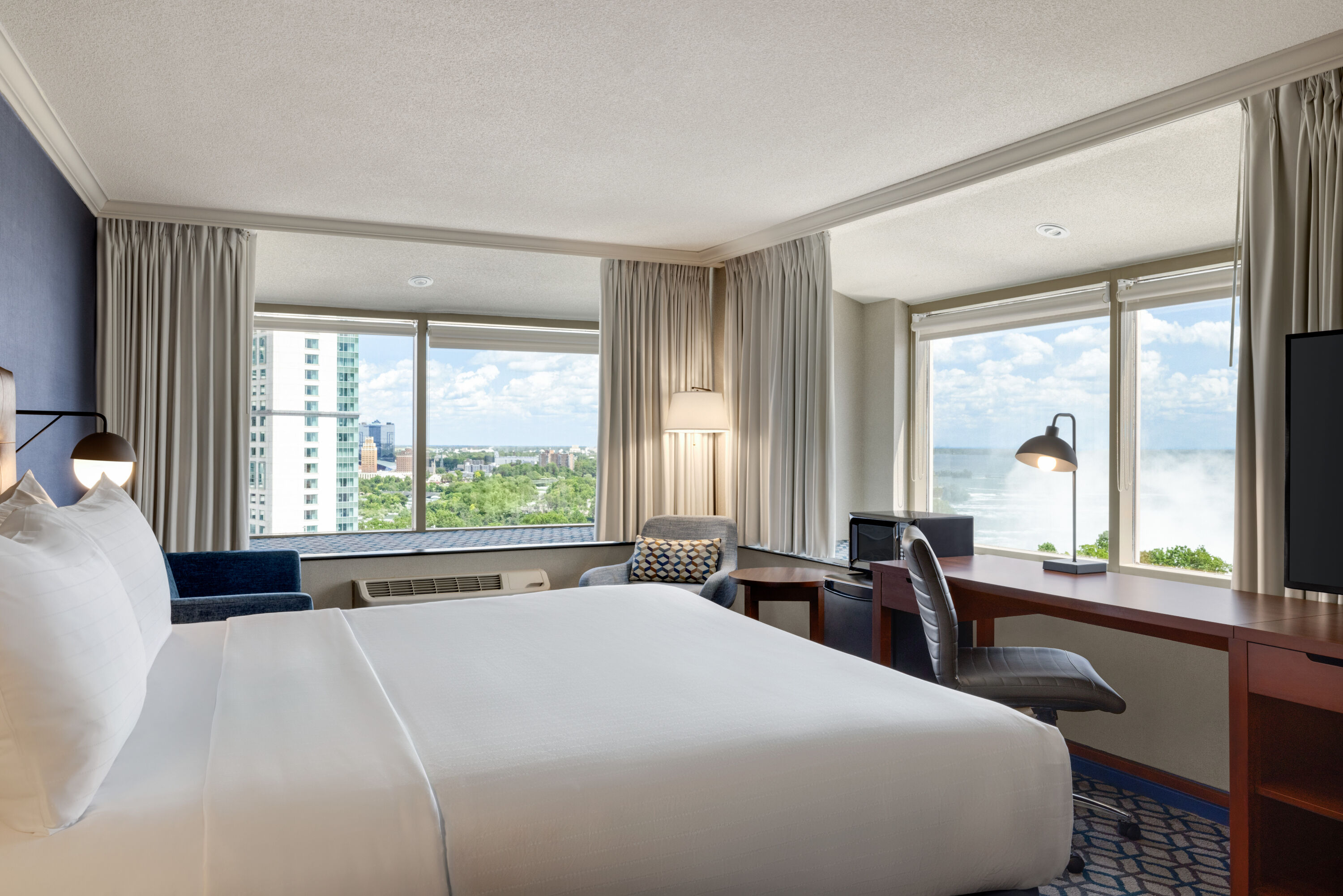 Guest room at the Wyndham Grand Fallsview Hotel in Niagara Falls, Ontario