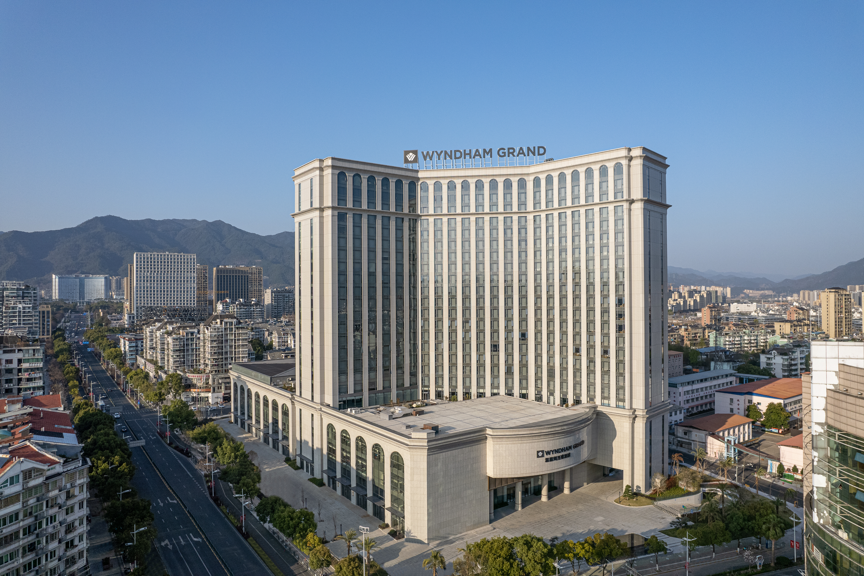 Exterior of Wyndham Grand Lishui Downtown hotel in Lishui city, Other than US/Canada
