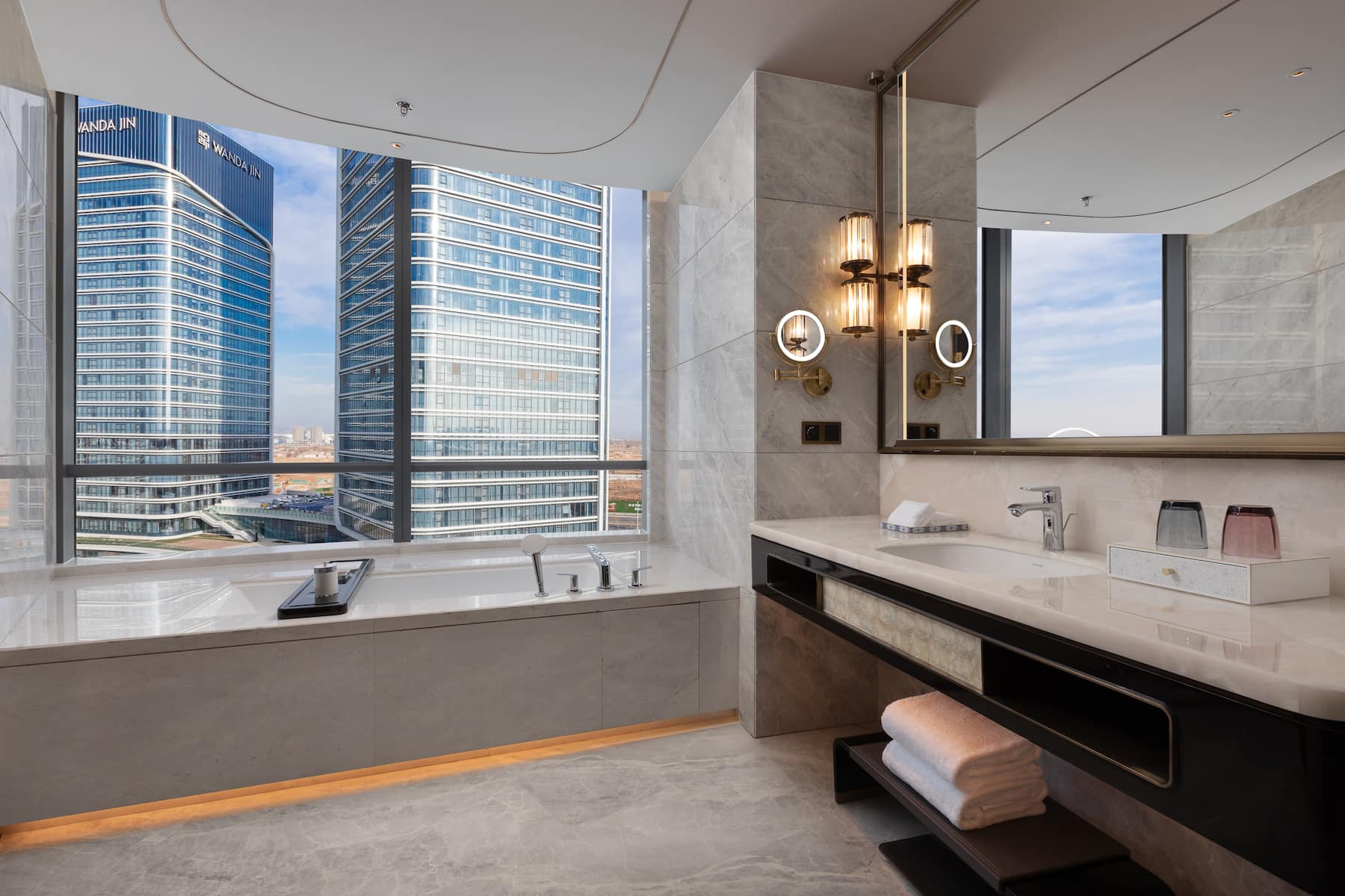 Guest room bath at the Wyndham Grand Shanxi Xiaohe Xincheng in Taiyuan, Other than US/Canada