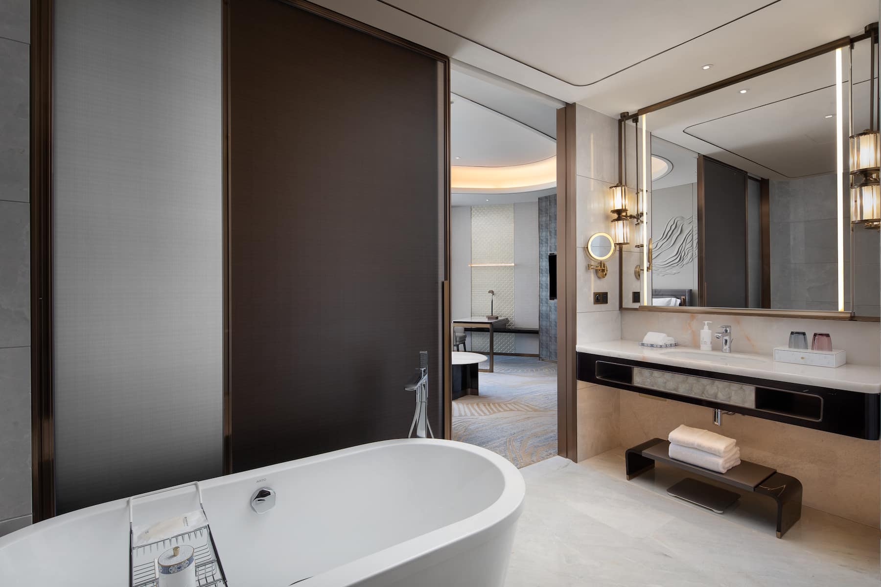 Guest room bath at the Wyndham Grand Shanxi Xiaohe Xincheng in Taiyuan, Other than US/Canada