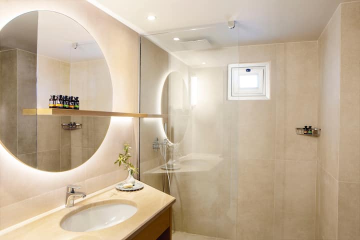 Guest room bath at the Wyndham Grand Crete Mirabello Bay in Agios Nikolaos, Other than US/Canada
