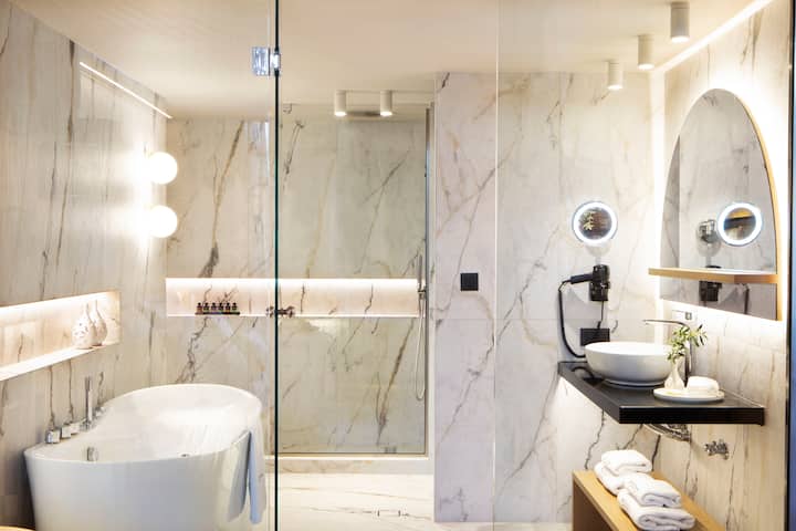 Guest room bath at the Wyndham Grand Crete Mirabello Bay in Agios Nikolaos, Other than US/Canada
