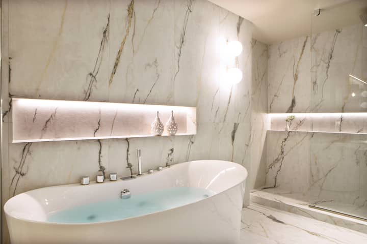 Guest room bath at the Wyndham Grand Crete Mirabello Bay in Agios Nikolaos, Other than US/Canada