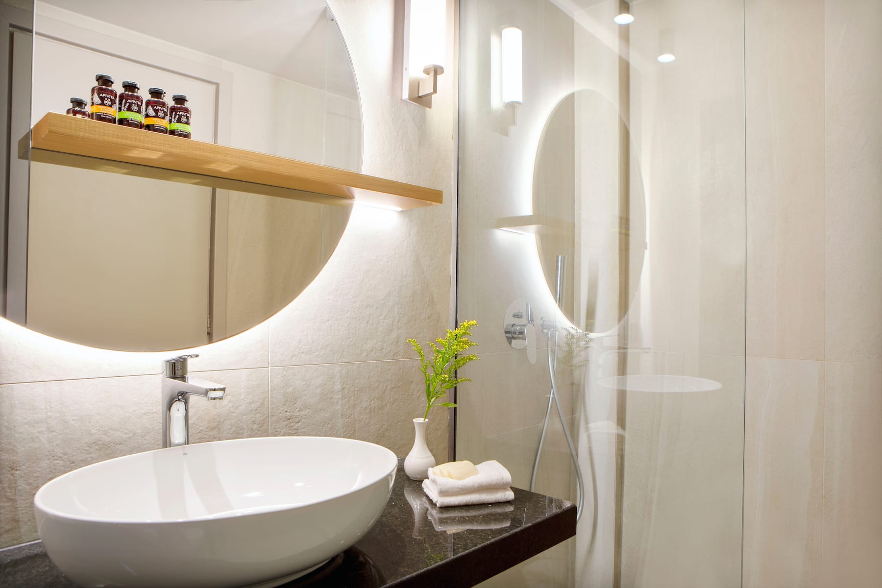Guest room bath at the Wyndham Grand Crete Mirabello Bay in Agios Nikolaos, Other than US/Canada