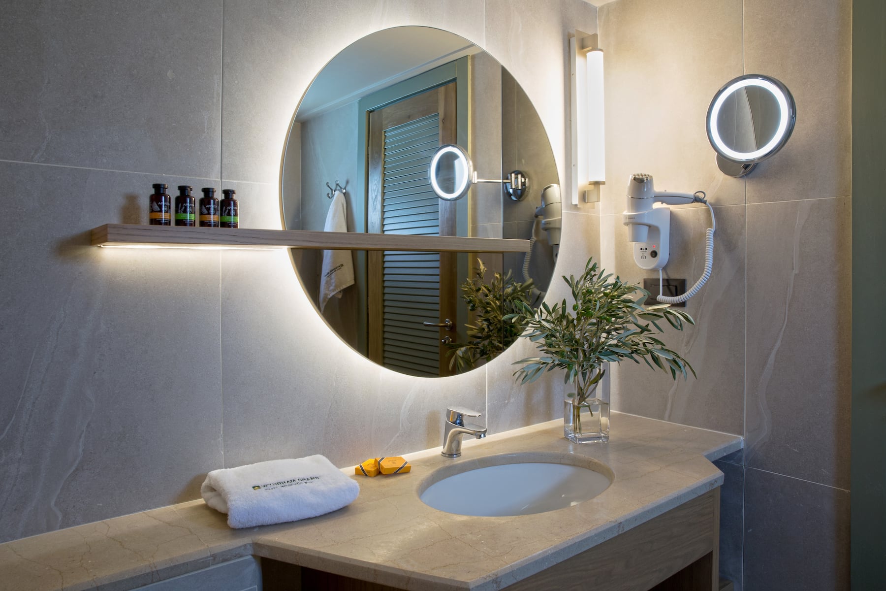 Guest room bath at the Wyndham Grand Crete Mirabello Bay in Agios Nikolaos, Other than US/Canada