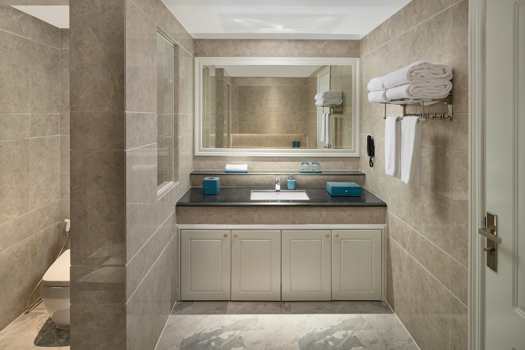 Guest room bath at the Wyndham Grand Phnom Penh Capital in Phnom Penh, Other than US/Canada