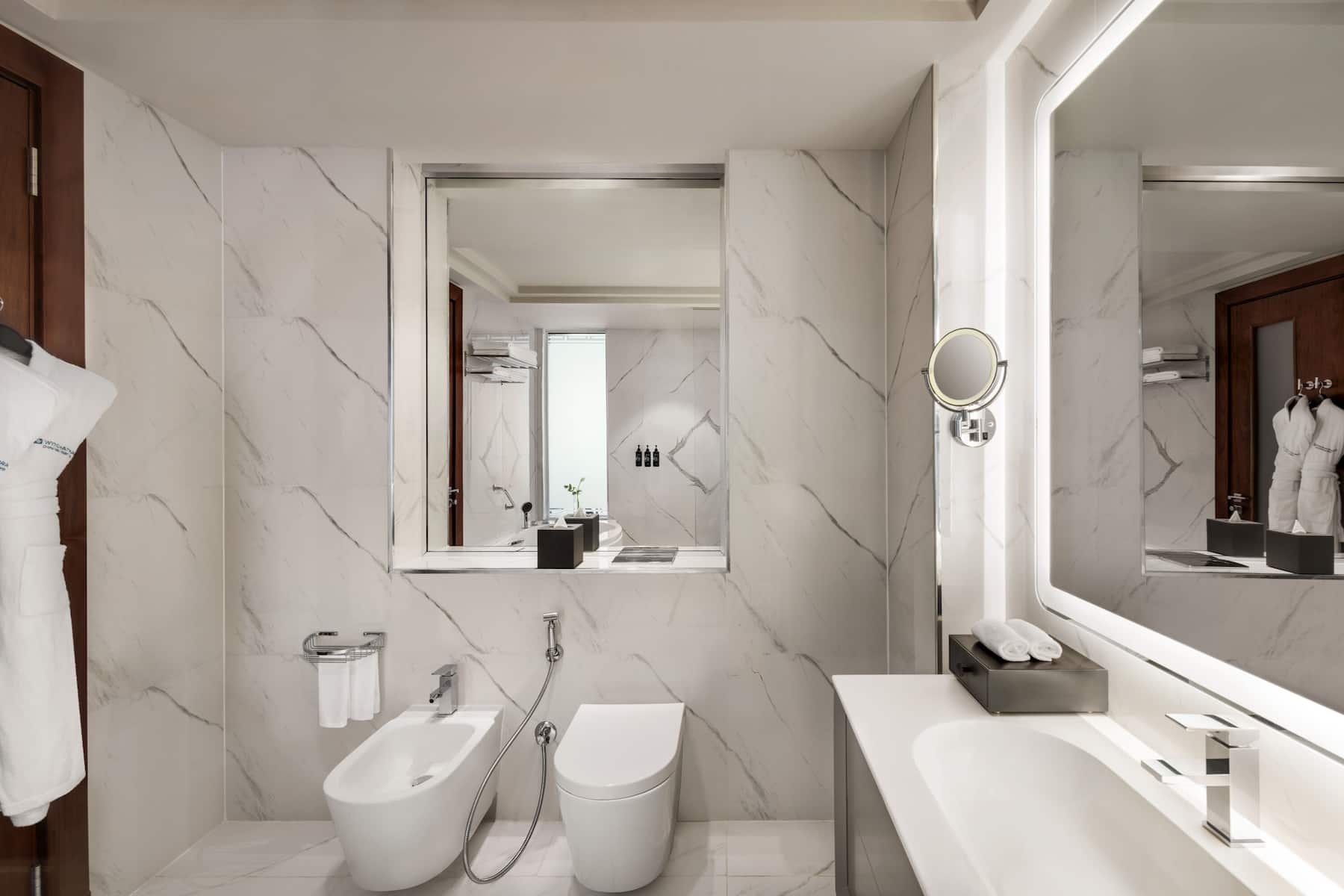 Guest room bath at the Wyndham Grand Doha West Bay Beach in Doha, Other than US/Canada
