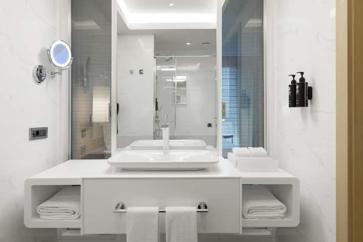 Guest room bath at the Wyndham Grand Istanbul Levent Hotel & Conference Center in Istanbul, Other than US/Canada