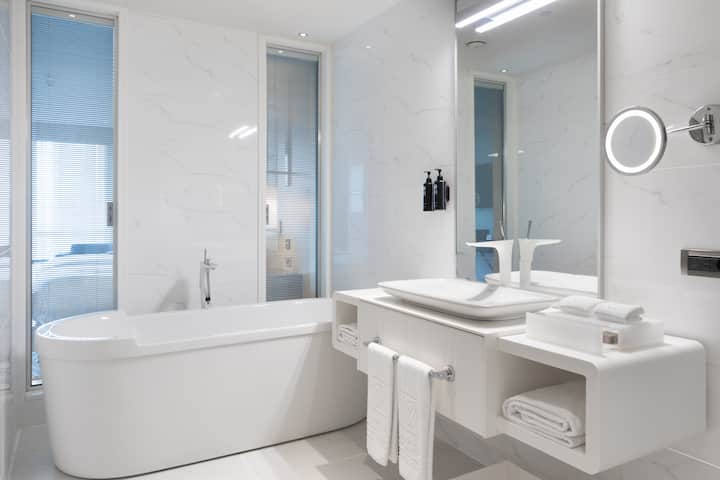 Guest room bath at the Wyndham Grand Istanbul Levent Hotel & Conference Center in Istanbul, Other than US/Canada