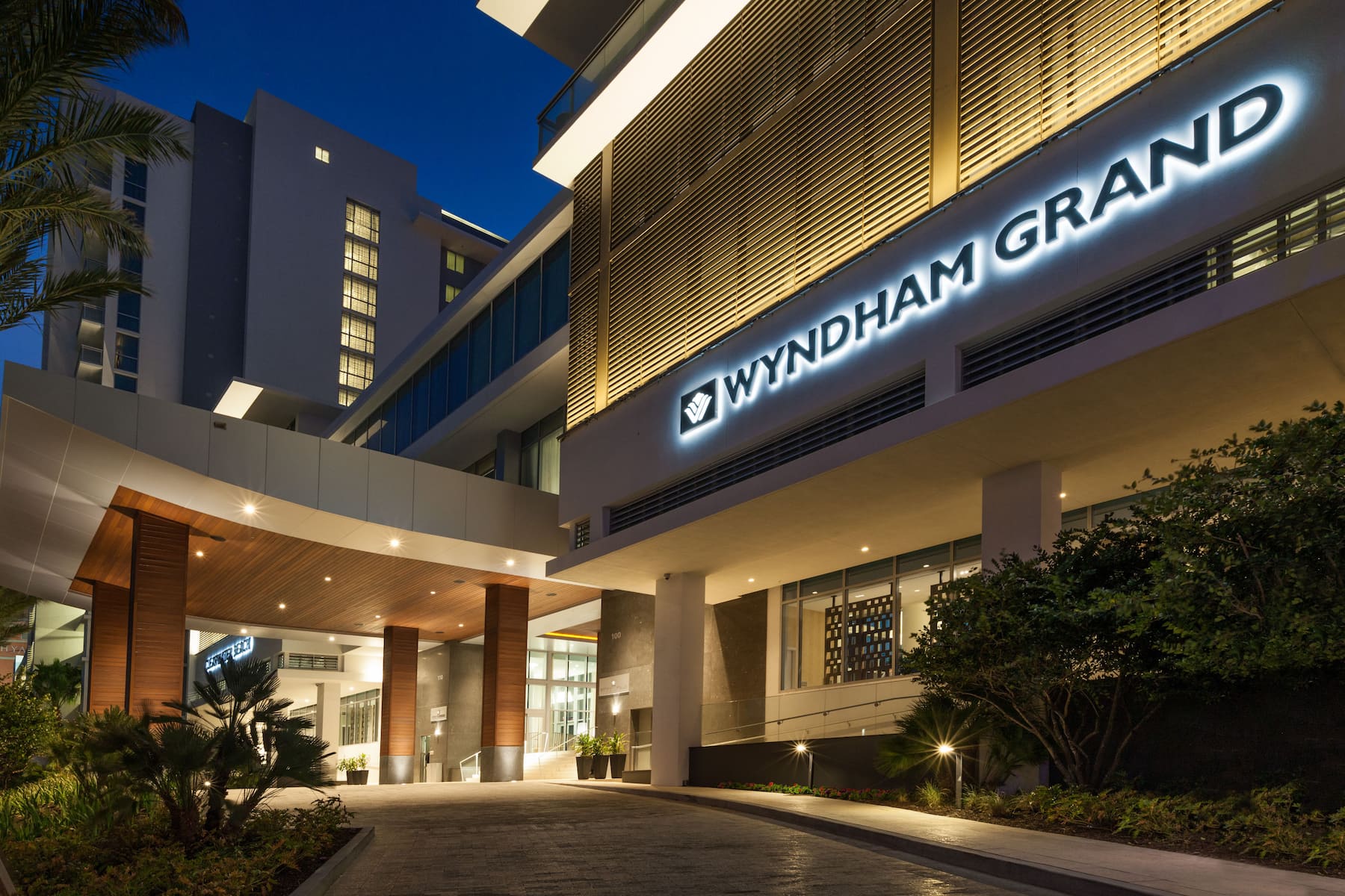 Exterior Dusk Image of Wyndham Grand Clearwater Beach hotel in Clearwater, Florida