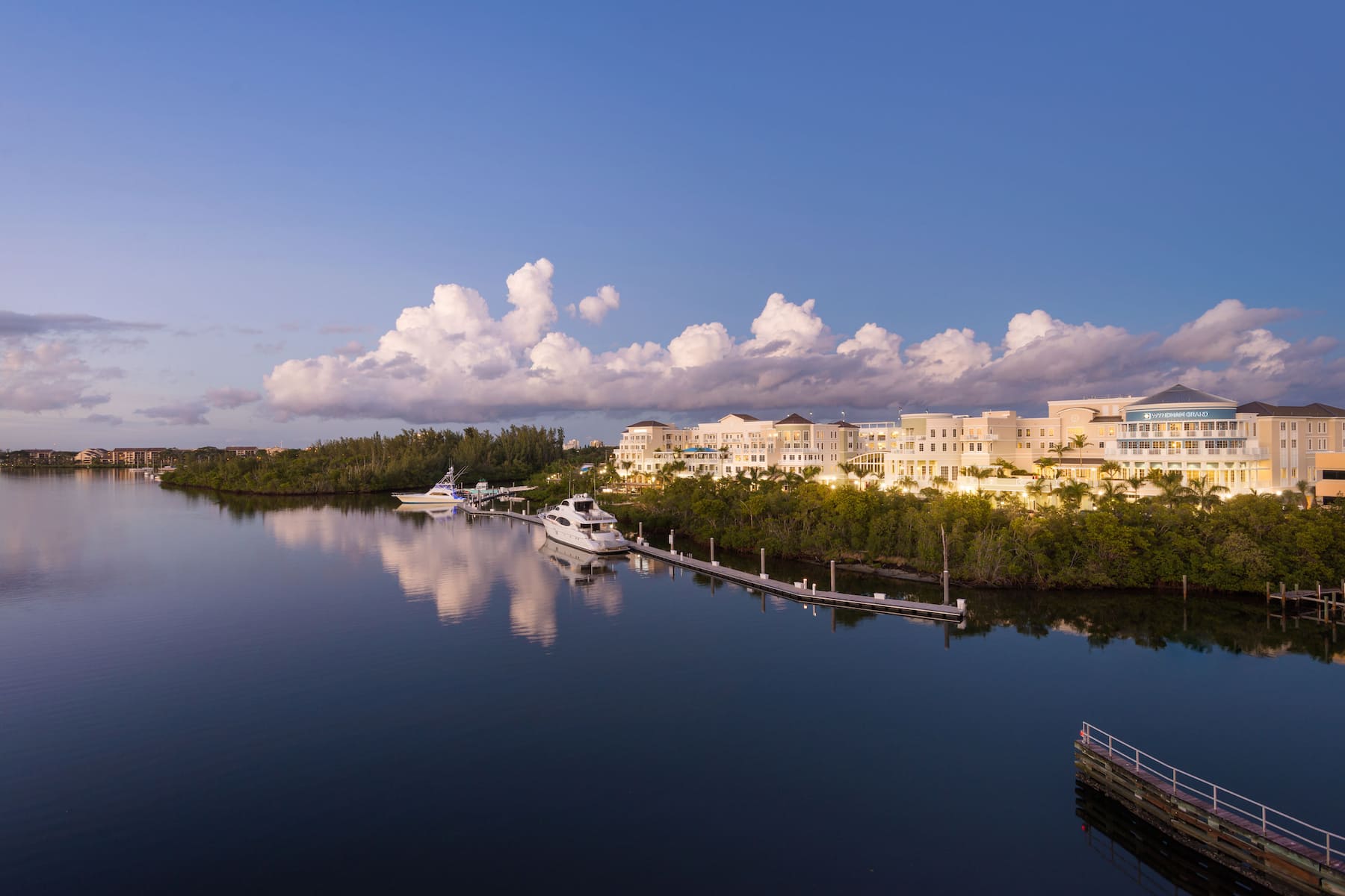 Exterior of Wyndham Grand Jupiter at Harbourside Place hotel in Jupiter, Florida
