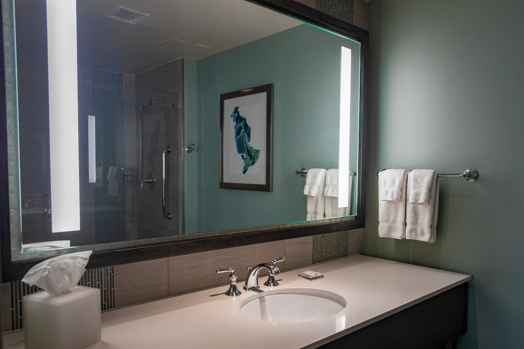Guest room bath at the Wyndham Grand Jupiter at Harbourside Place in Jupiter, Florida