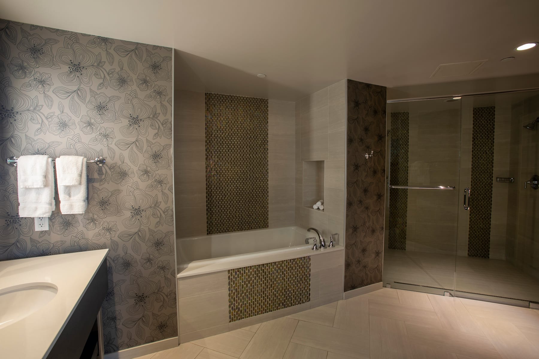 Guest room bath at the Wyndham Grand Jupiter at Harbourside Place in Jupiter, Florida