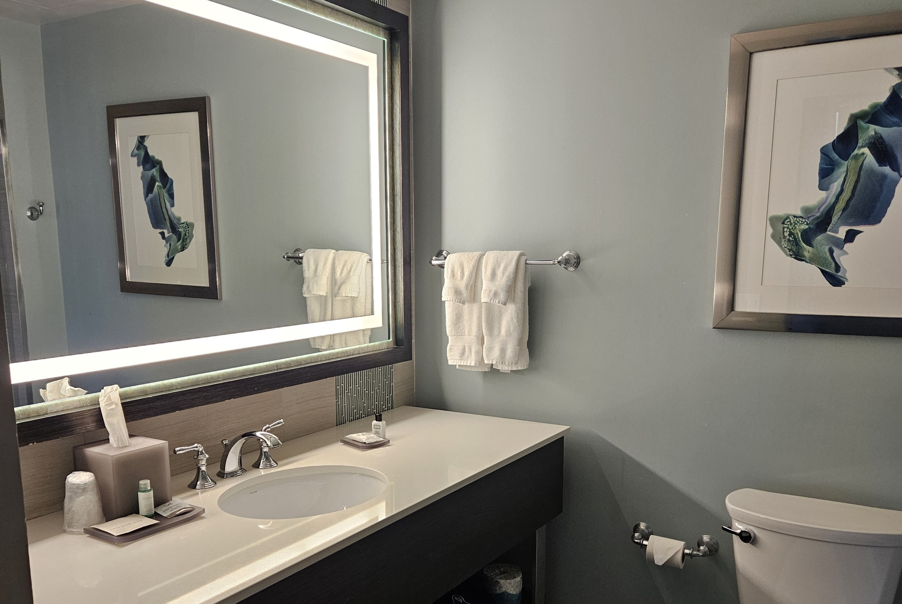 Guest room bath at the Wyndham Grand Jupiter at Harbourside Place in Jupiter, Florida