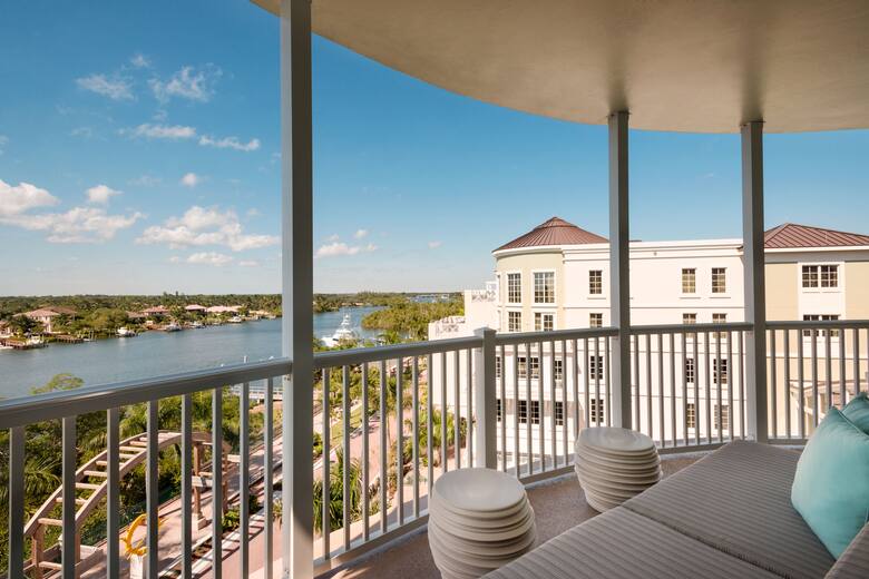 Guest room at the Wyndham Grand Jupiter at Harbourside Place in Jupiter, Florida