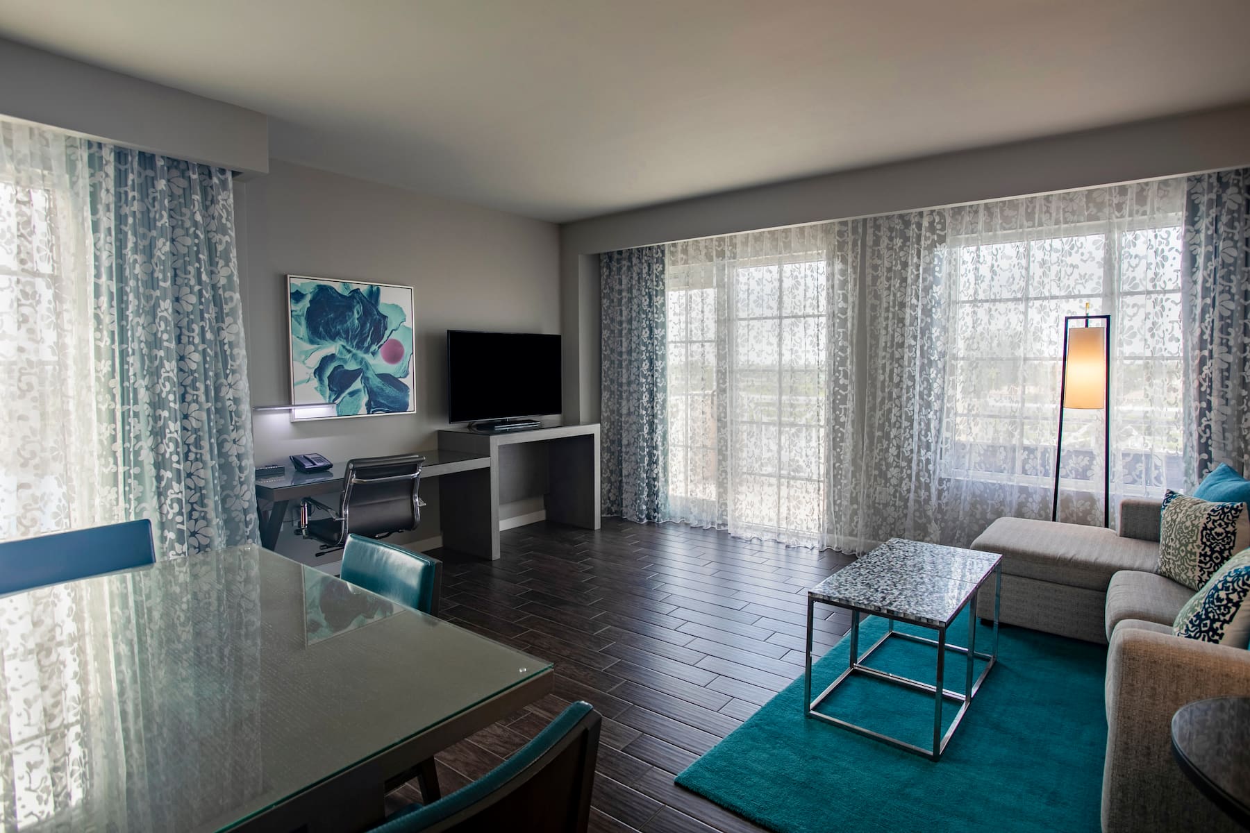 Guest room at the Wyndham Grand Jupiter at Harbourside Place in Jupiter, Florida