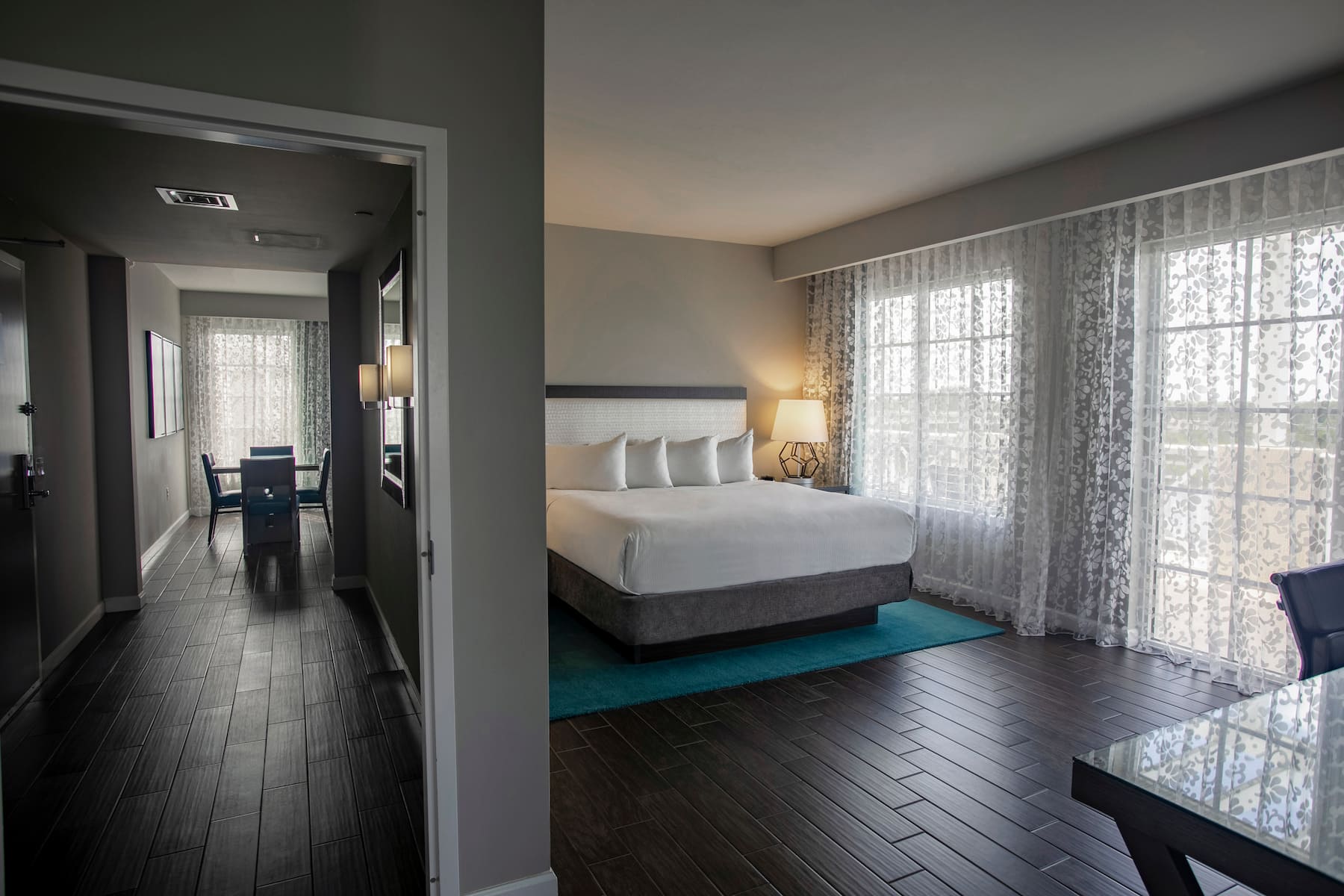 Guest room at the Wyndham Grand Jupiter at Harbourside Place in Jupiter, Florida