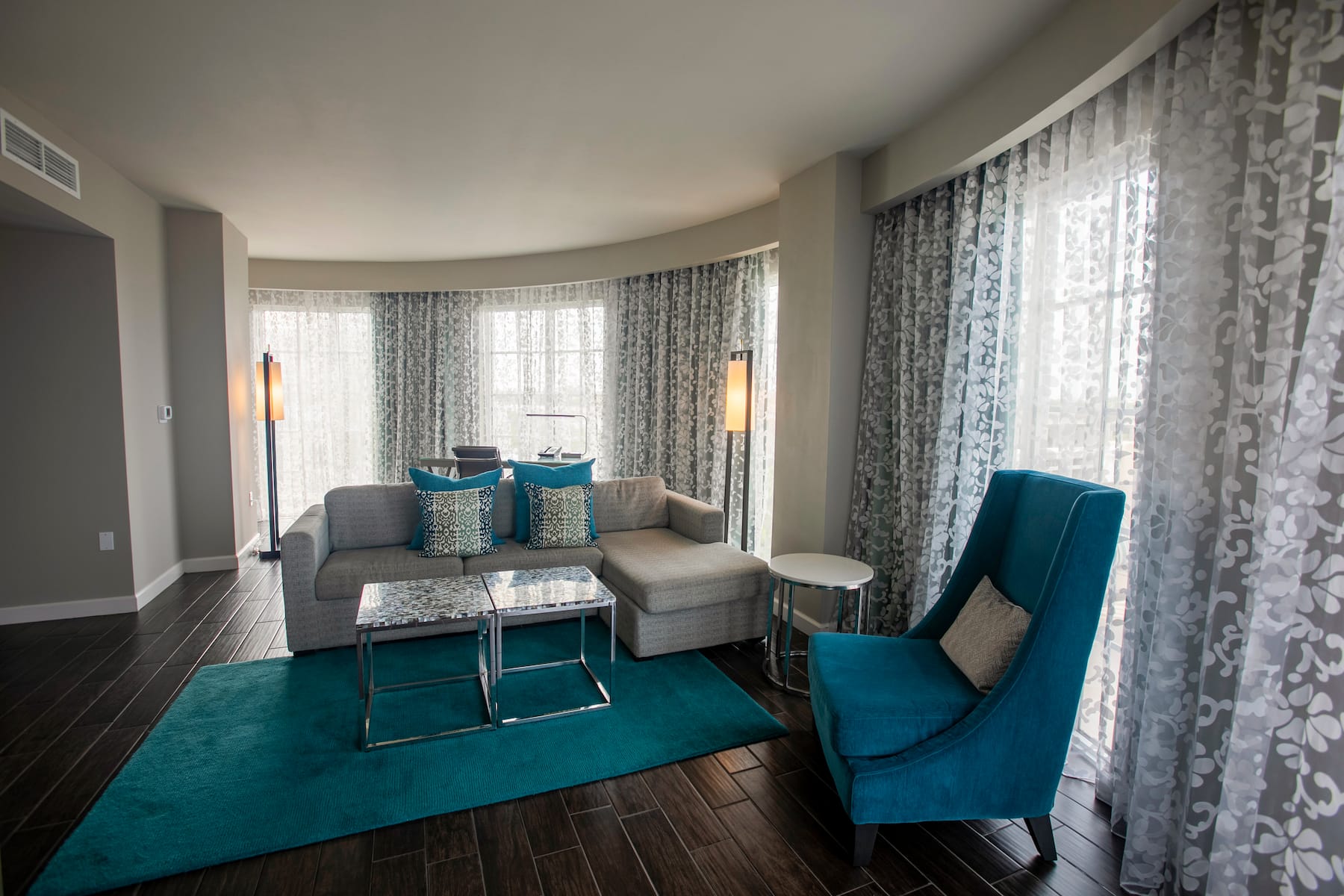 Guest room at the Wyndham Grand Jupiter at Harbourside Place in Jupiter, Florida