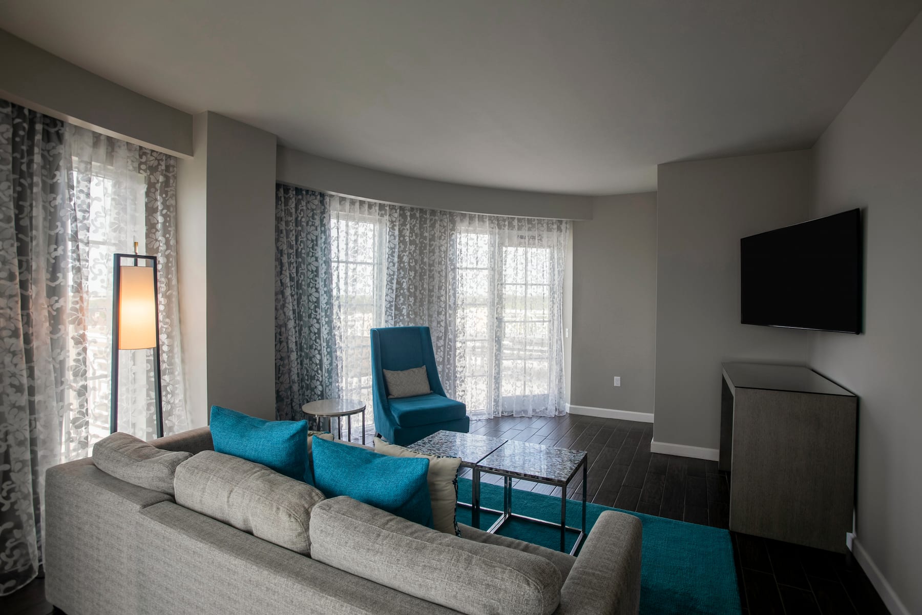 Guest room at the Wyndham Grand Jupiter at Harbourside Place in Jupiter, Florida
