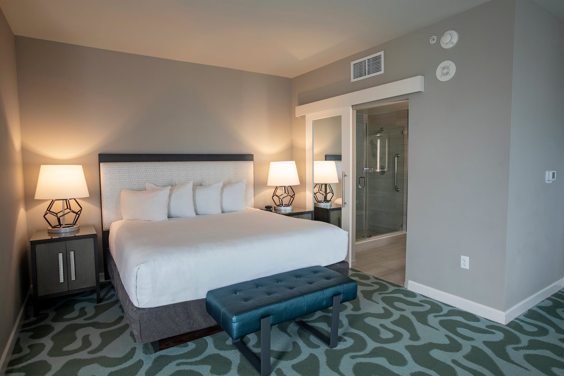 Guest room at the Wyndham Grand Jupiter at Harbourside Place in Jupiter, Florida