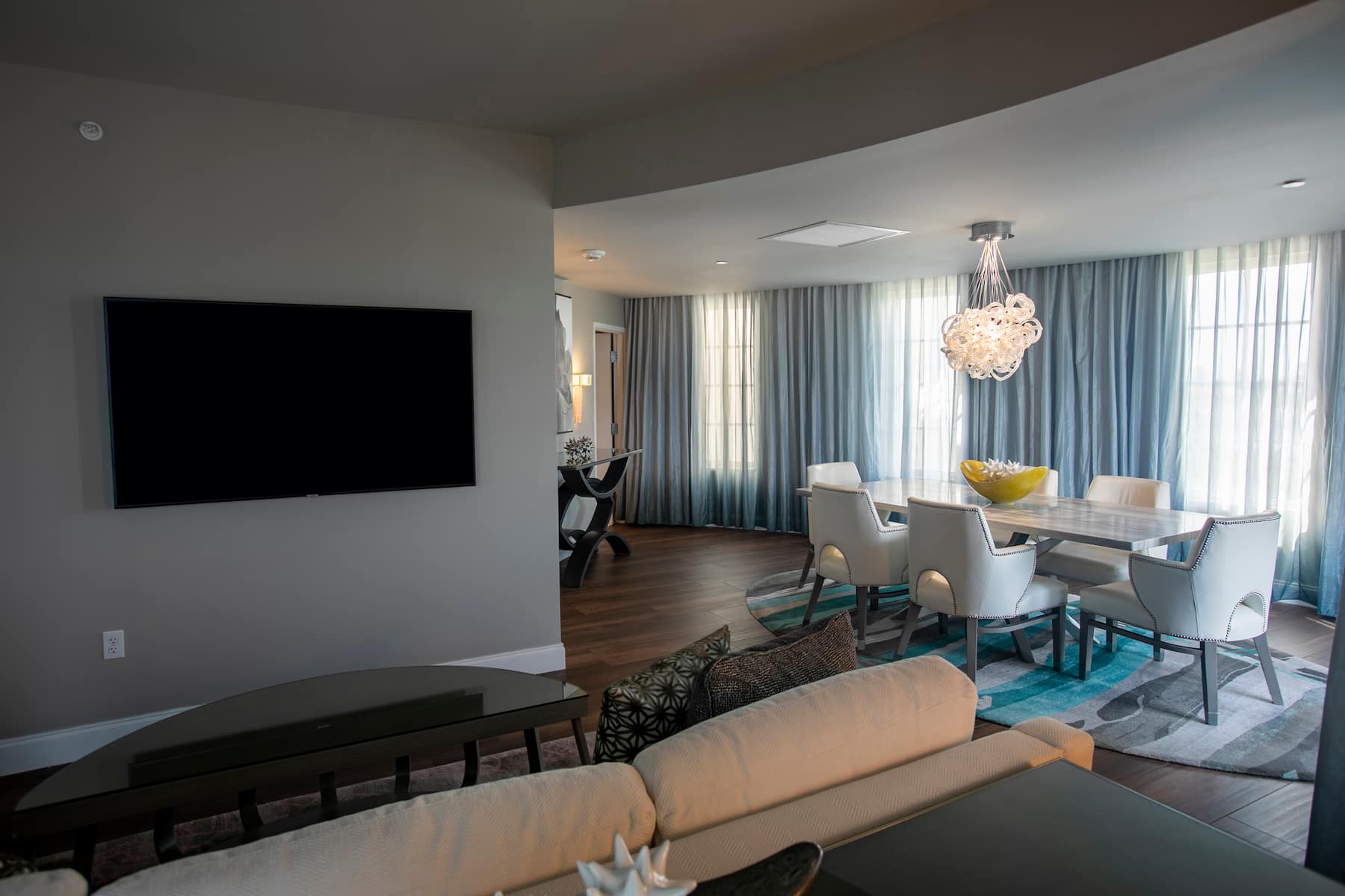 Guest room at the Wyndham Grand Jupiter at Harbourside Place in Jupiter, Florida