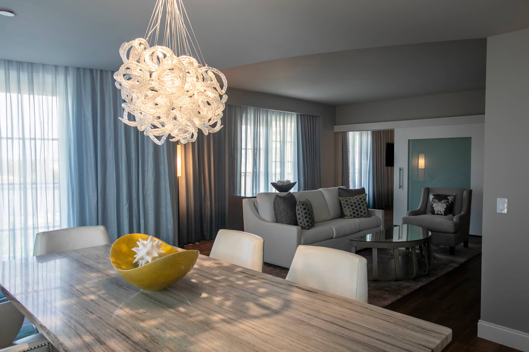 Guest room at the Wyndham Grand Jupiter at Harbourside Place in Jupiter, Florida