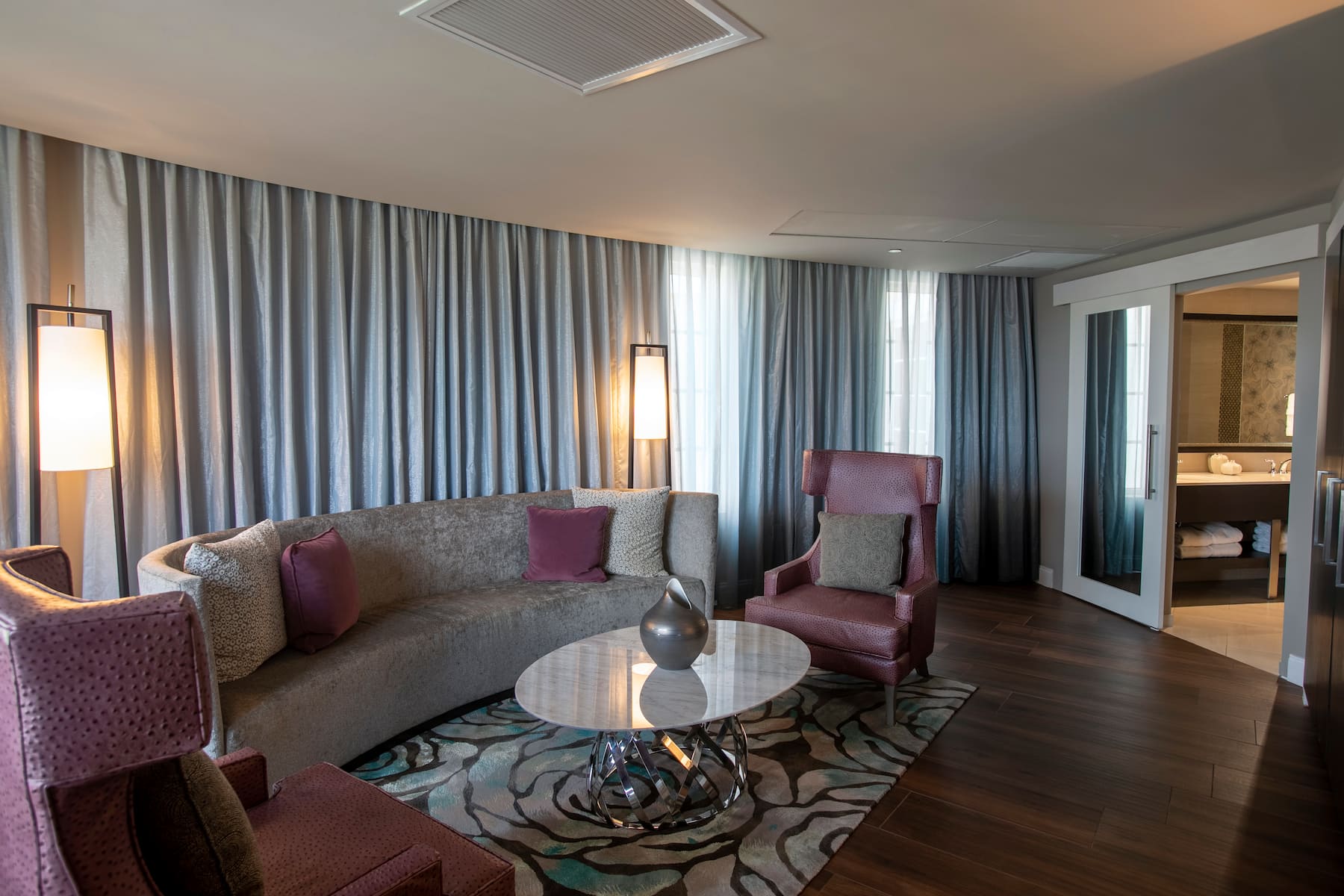 Guest room at the Wyndham Grand Jupiter at Harbourside Place in Jupiter, Florida